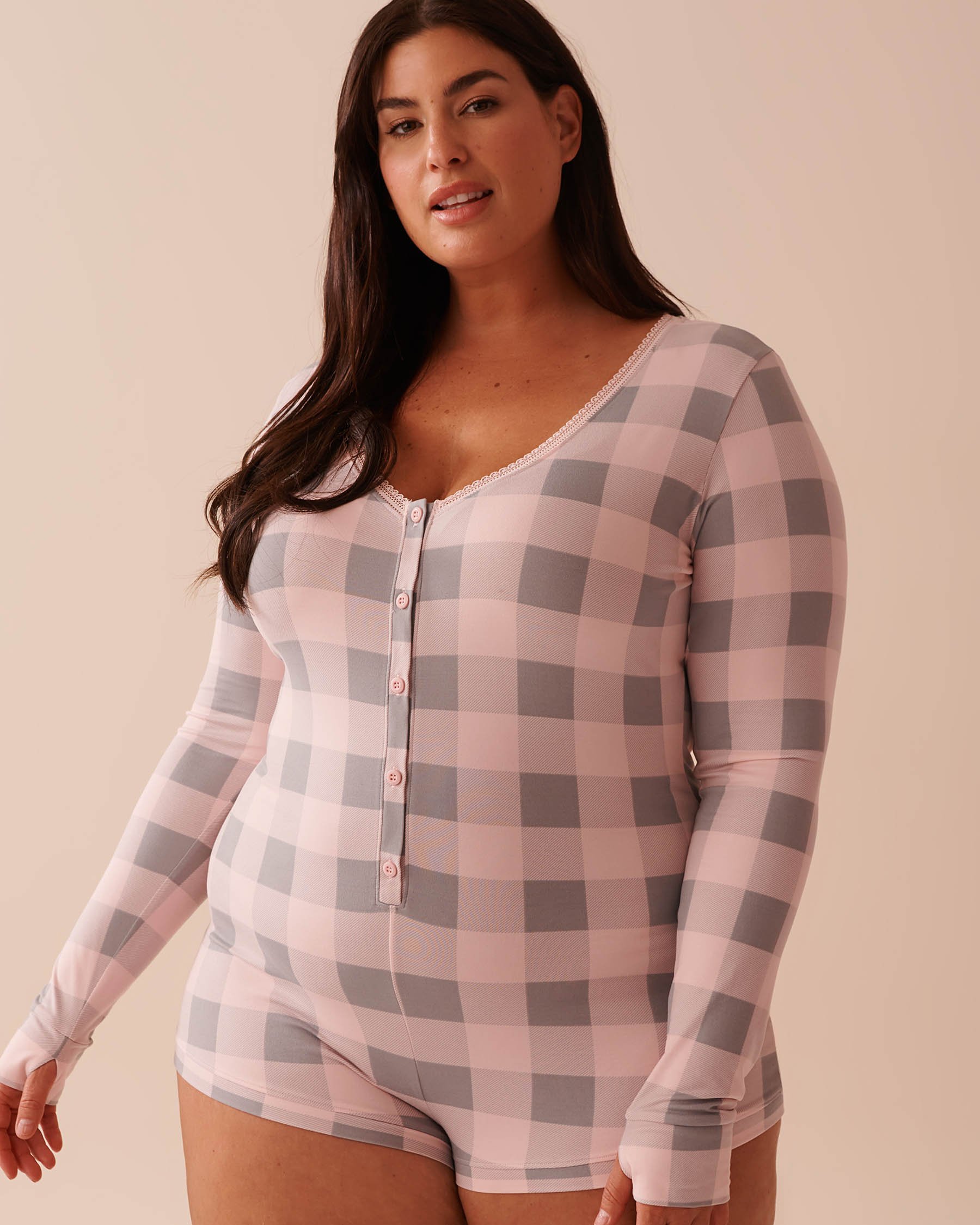 LA VIE EN ROSE Combishort manches longues ultra doux à carreaux roses Carreaux rose fée 40300050 - View1