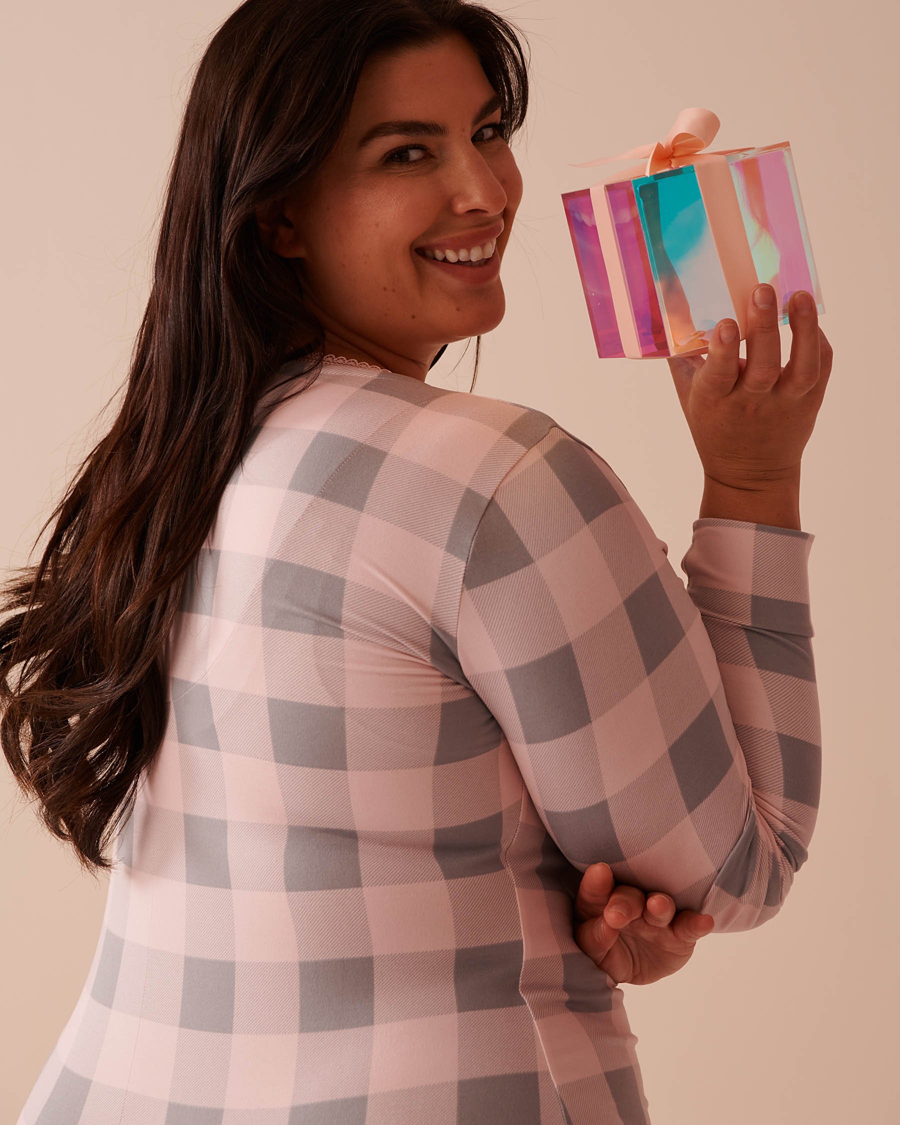 LA VIE EN ROSE Combishort manches longues ultra doux à carreaux roses Carreaux rose fée 40300050 - View3