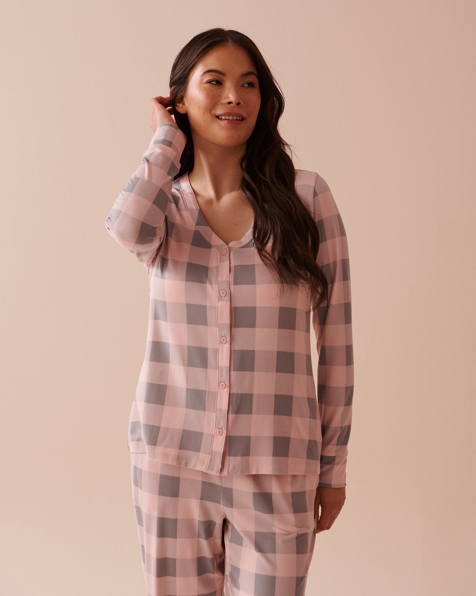 LA VIE EN ROSE Pink Plaid Super Soft V-neck Button-front Top Fairy Pink Plaid 40100645 - View3