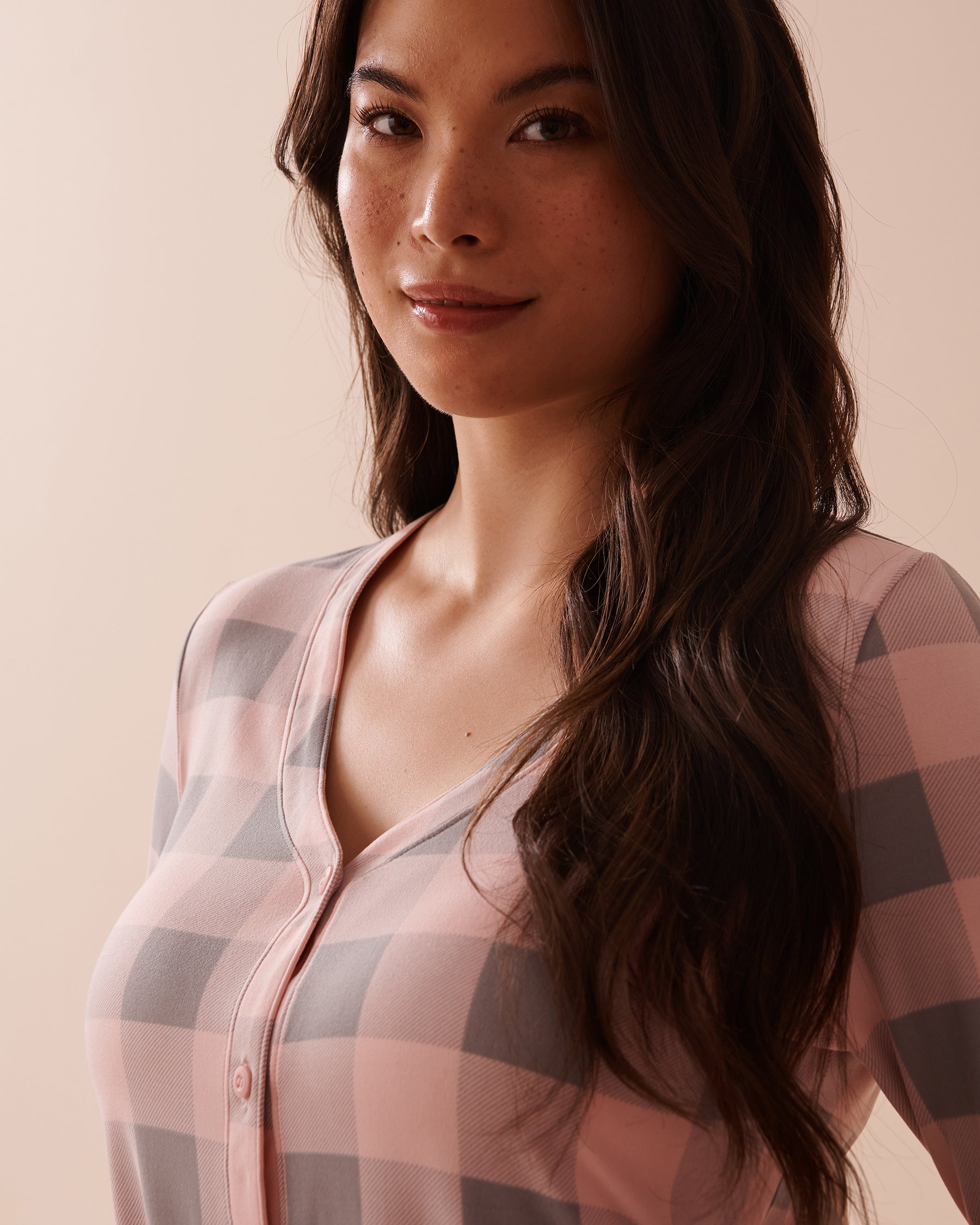 LA VIE EN ROSE Pink Plaid Super Soft V-neck Button-front Top Fairy Pink Plaid 40100645 - View4