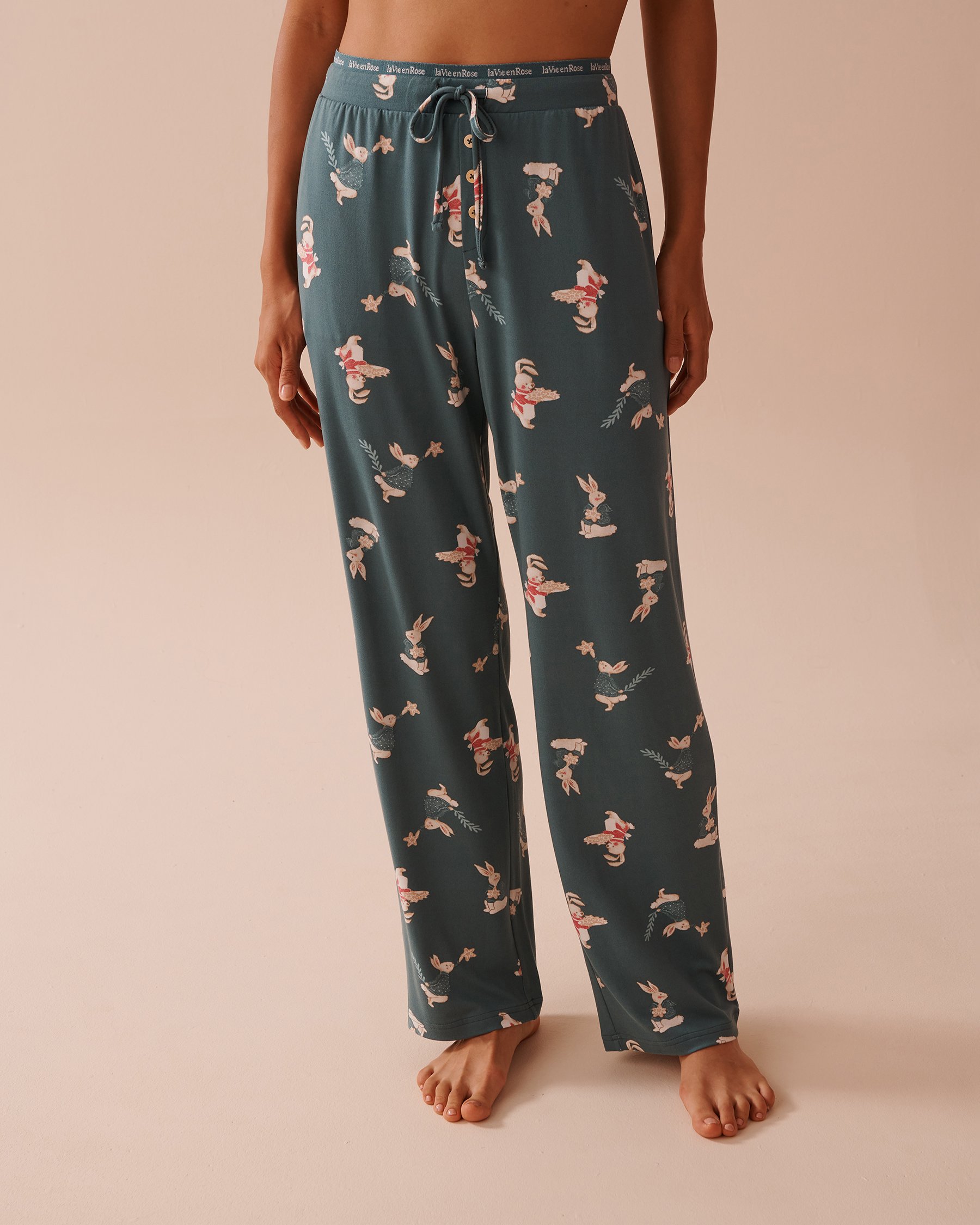LA VIE EN ROSE Rabbit Print Super Soft Pajama Pants Rabbit/Forest Green 40200648 - View1