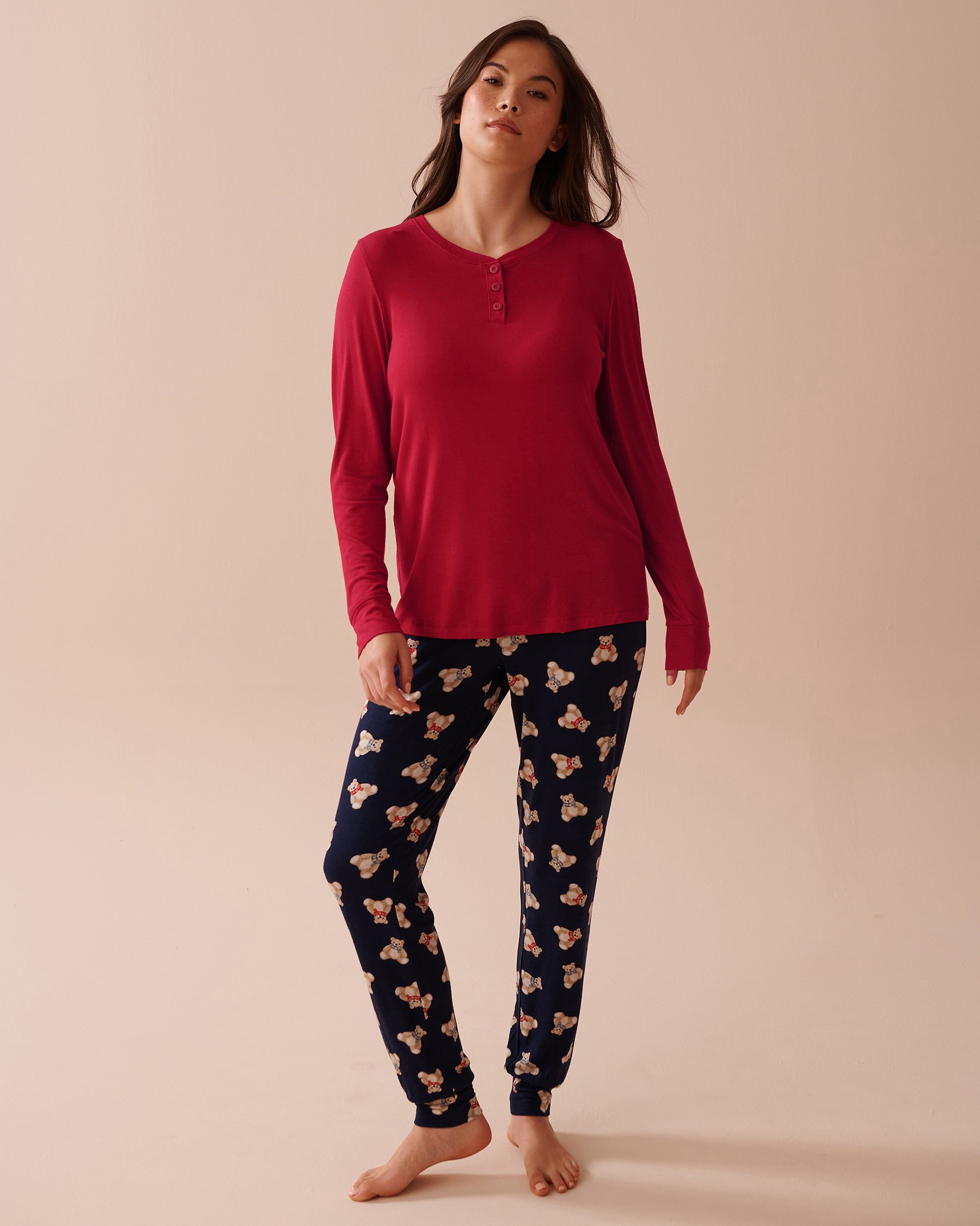 LA VIE EN ROSE Teddy Bear Print Long Sleeve PJ Set Teddy Bear/Evening Blue 40400071 - View1