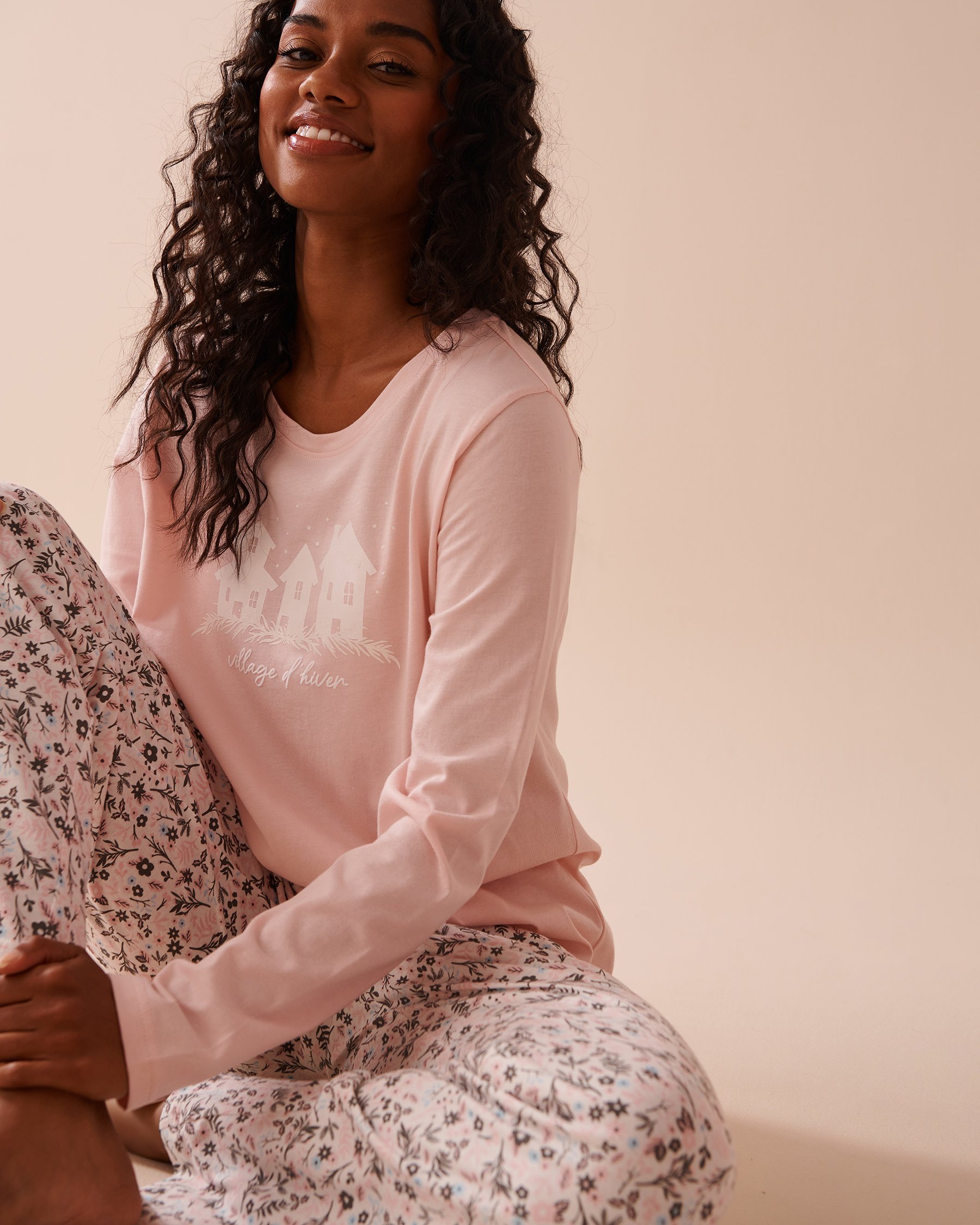 LA VIE EN ROSE Winter Flowers Print Cotton PJ Set Pink Winter Flowers 40400075 - View5