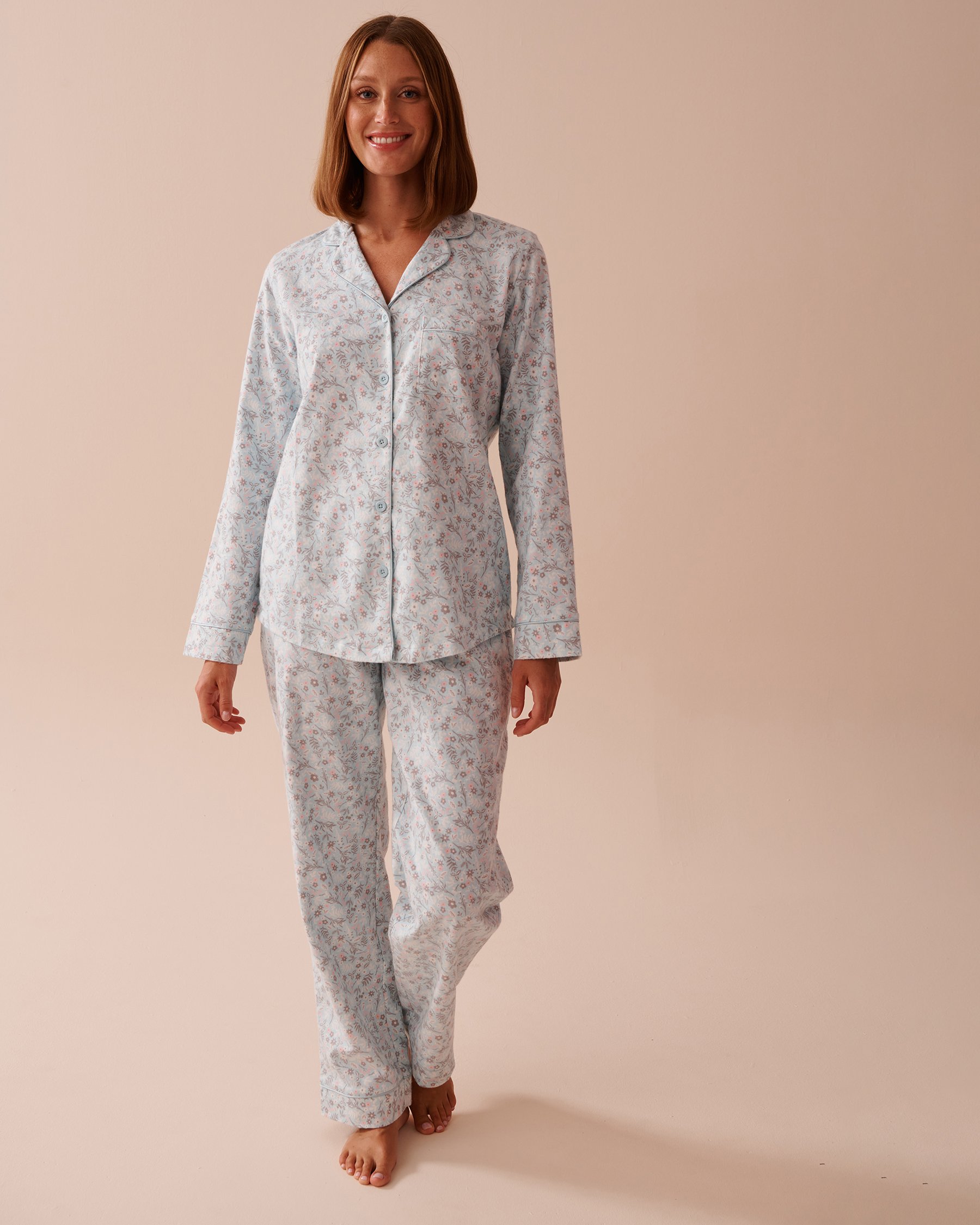 LA VIE EN ROSE Winter Flowers Print Flannel PJ Set Blue Winter Flowers 40400073 - View4