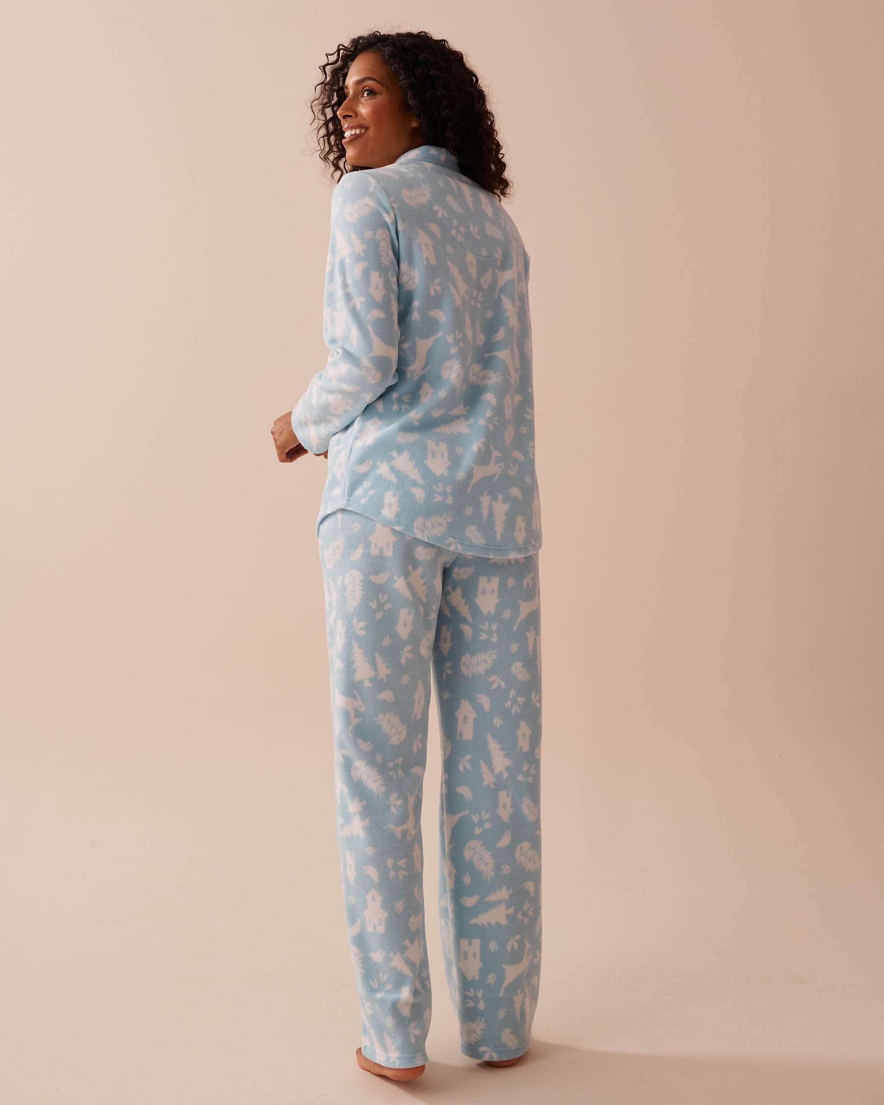 LA VIE EN ROSE Winter Print Micropolar PJ Set Blue Forest 40400074 - View2