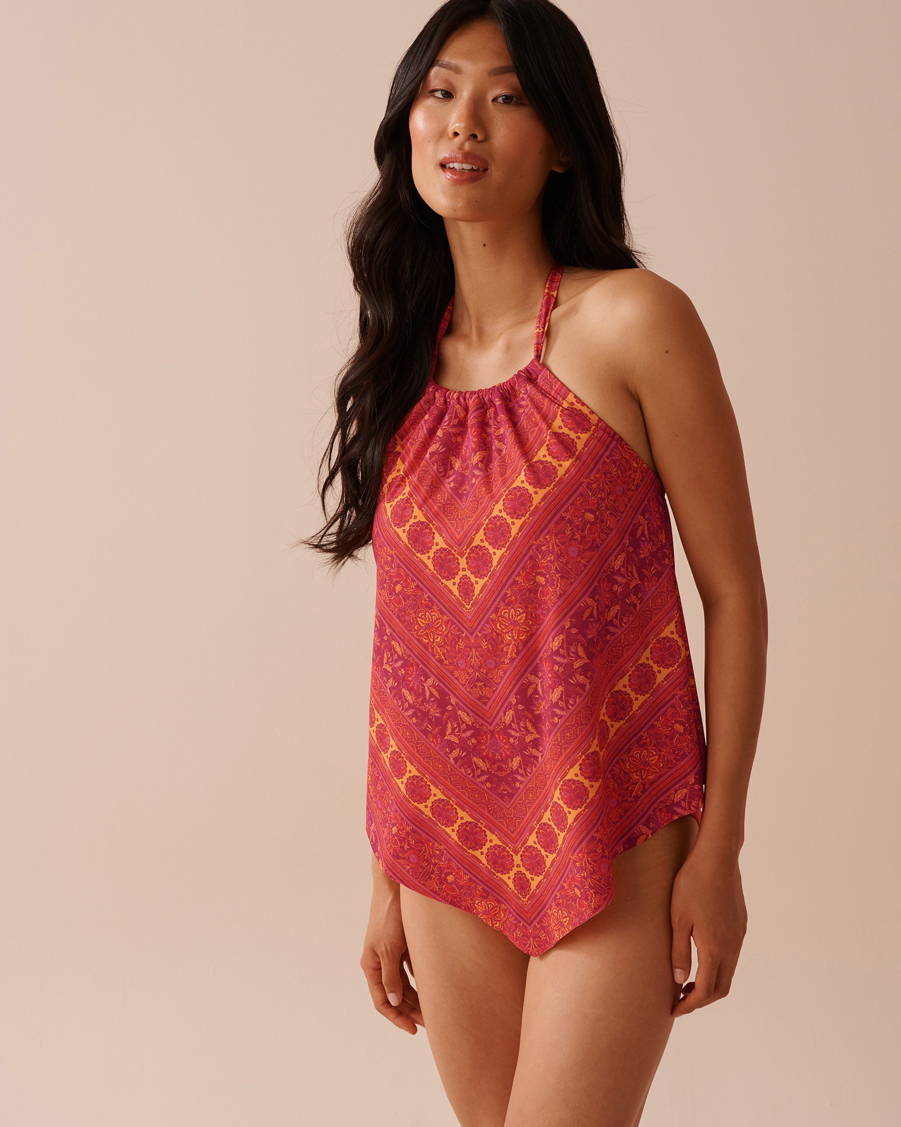 LA VIE EN ROSE AQUA Haut tankini licou RED FLORAL TILE Mosaïque florale rouge 70100662 - Voir1