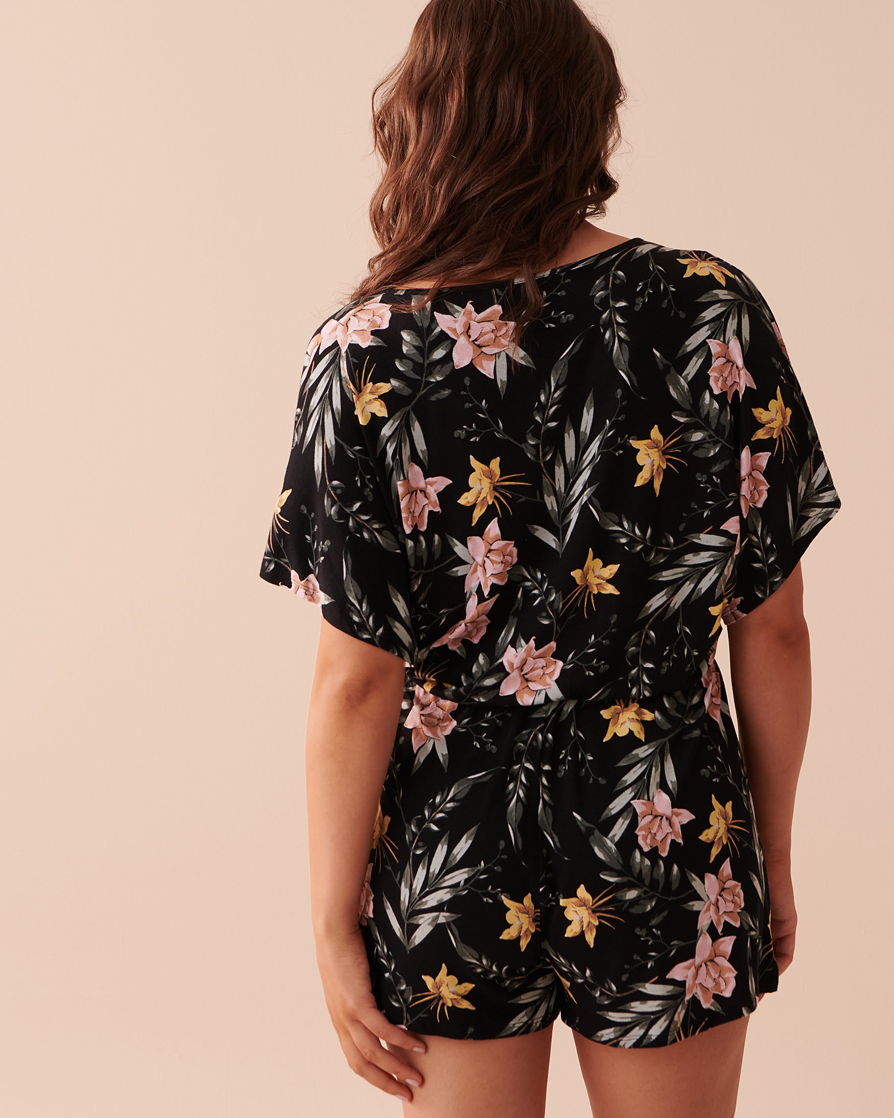 LA VIE EN ROSE AQUA Tropical Print Short Sleeve Romper Black Tropical Blooms 80300083 - View2