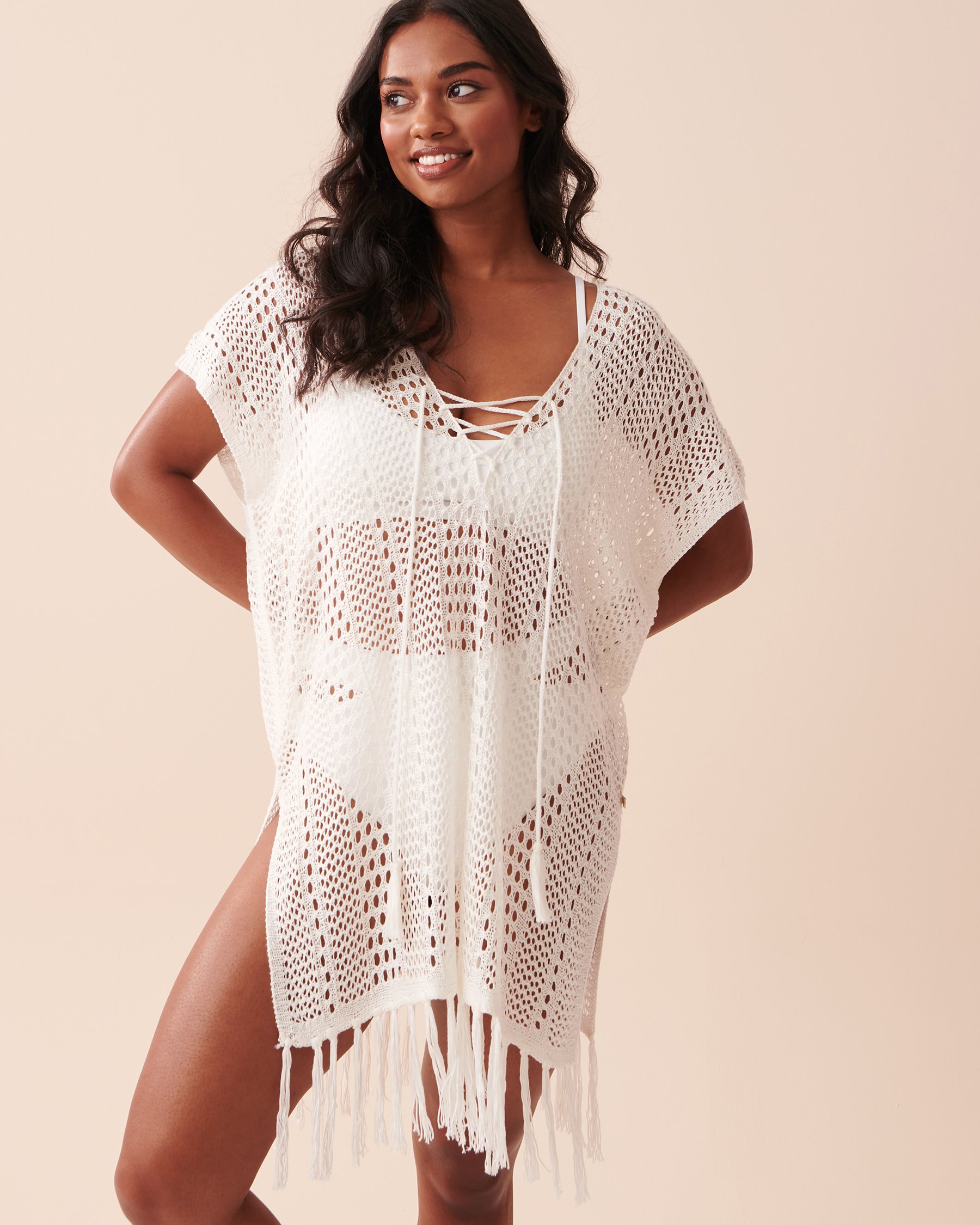 LA VIE EN ROSE AQUA Caftan lacé en crochet Blanc 80400045 - Voir1