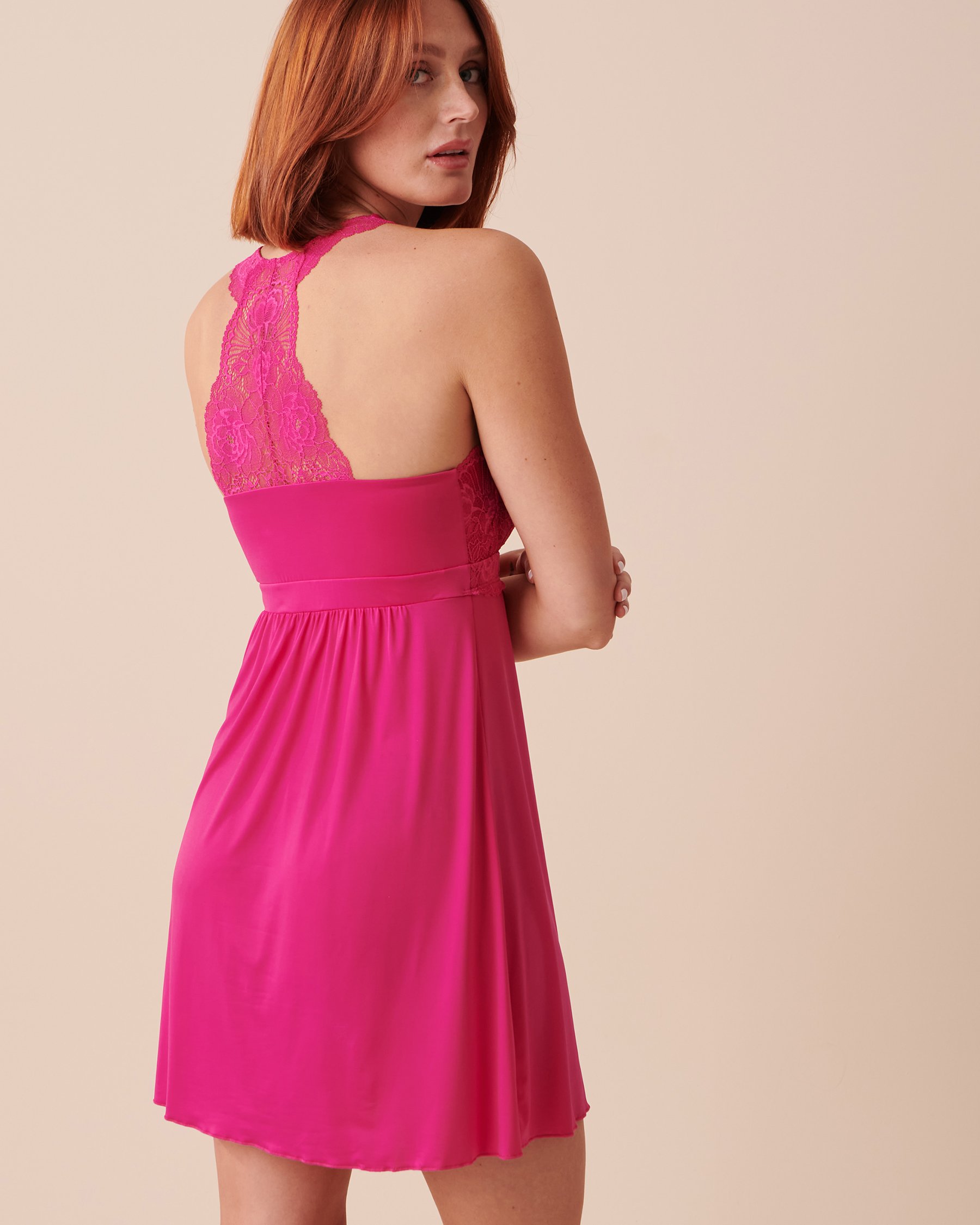 LA VIE EN ROSE Lace Overlay Nightie Shocking Pink 60500133 - View2