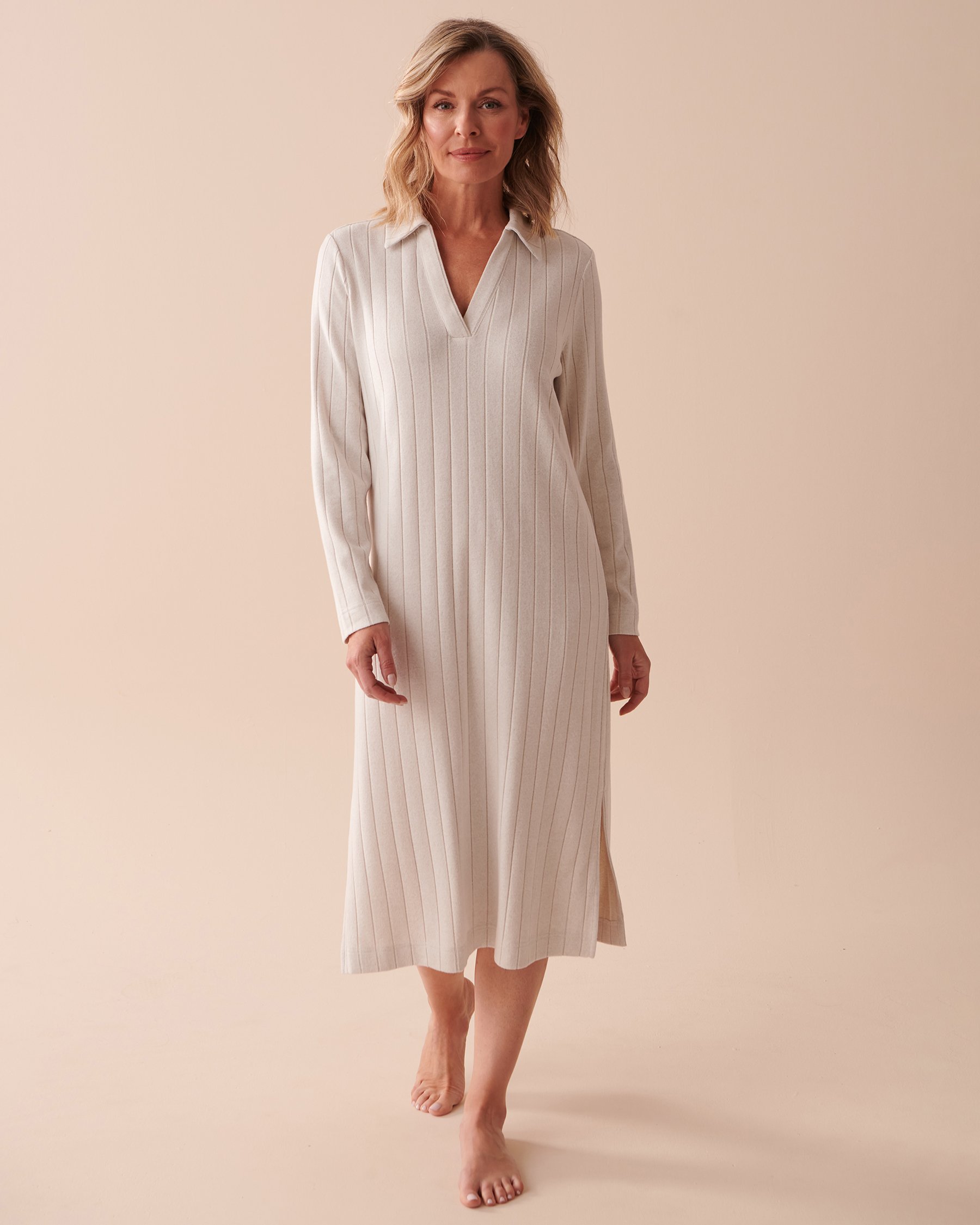 LA VIE EN ROSE Ribbed Long Sleeve Dress Beige 50400039 - View1