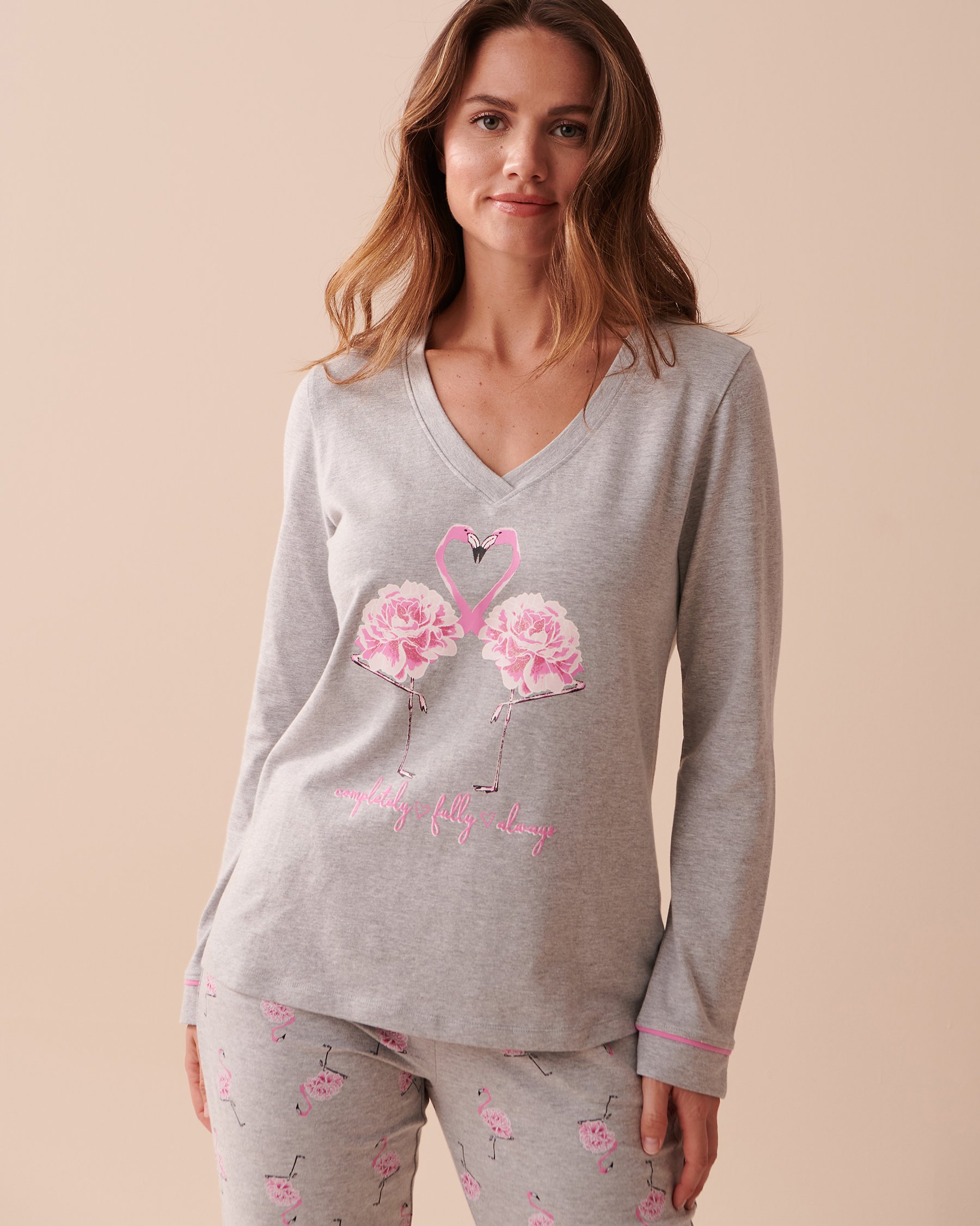 LA VIE EN ROSE Cotton Pink Flamingo Long Sleeve Shirt Dusty Grey 40100525 - View1