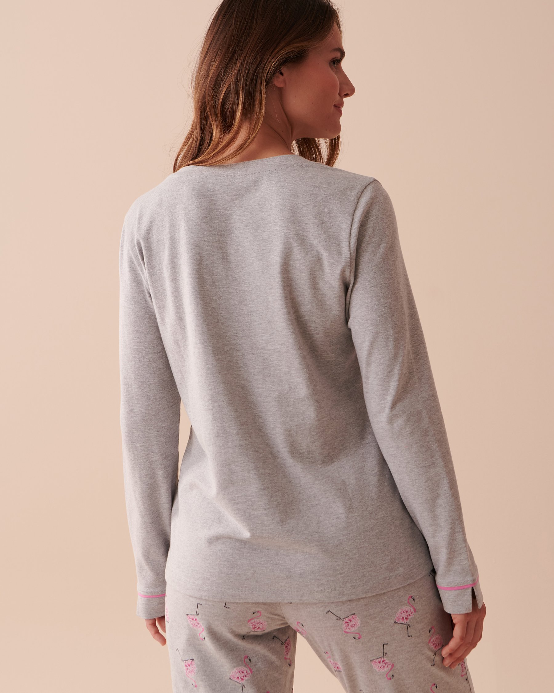 LA VIE EN ROSE Cotton Pink Flamingo Long Sleeve Shirt Dusty Grey 40100525 - View2