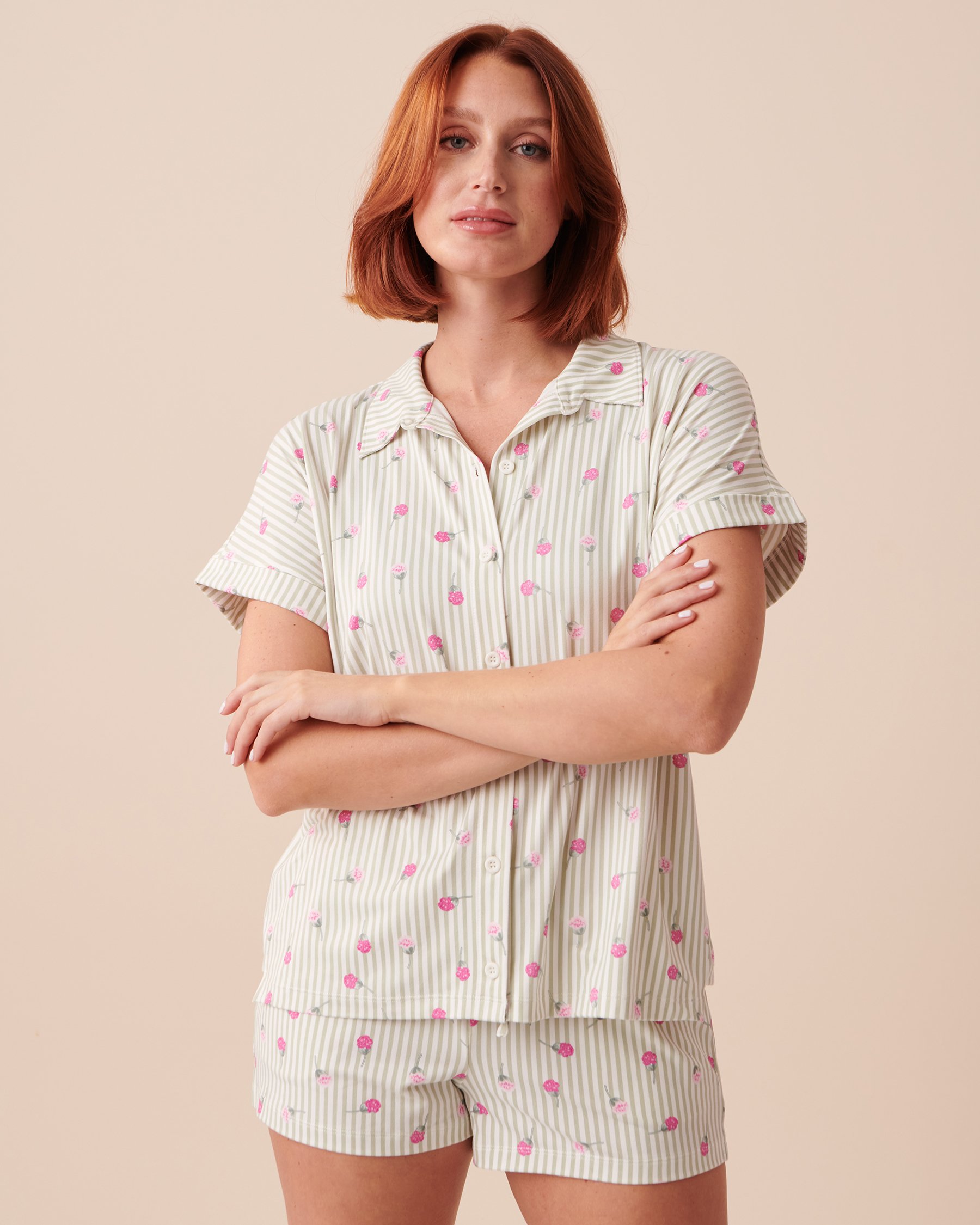 LA VIE EN ROSE Chemisier manches courtes ultra doux à rayures fleuries Rayures fleuries 40100535 - Voir3