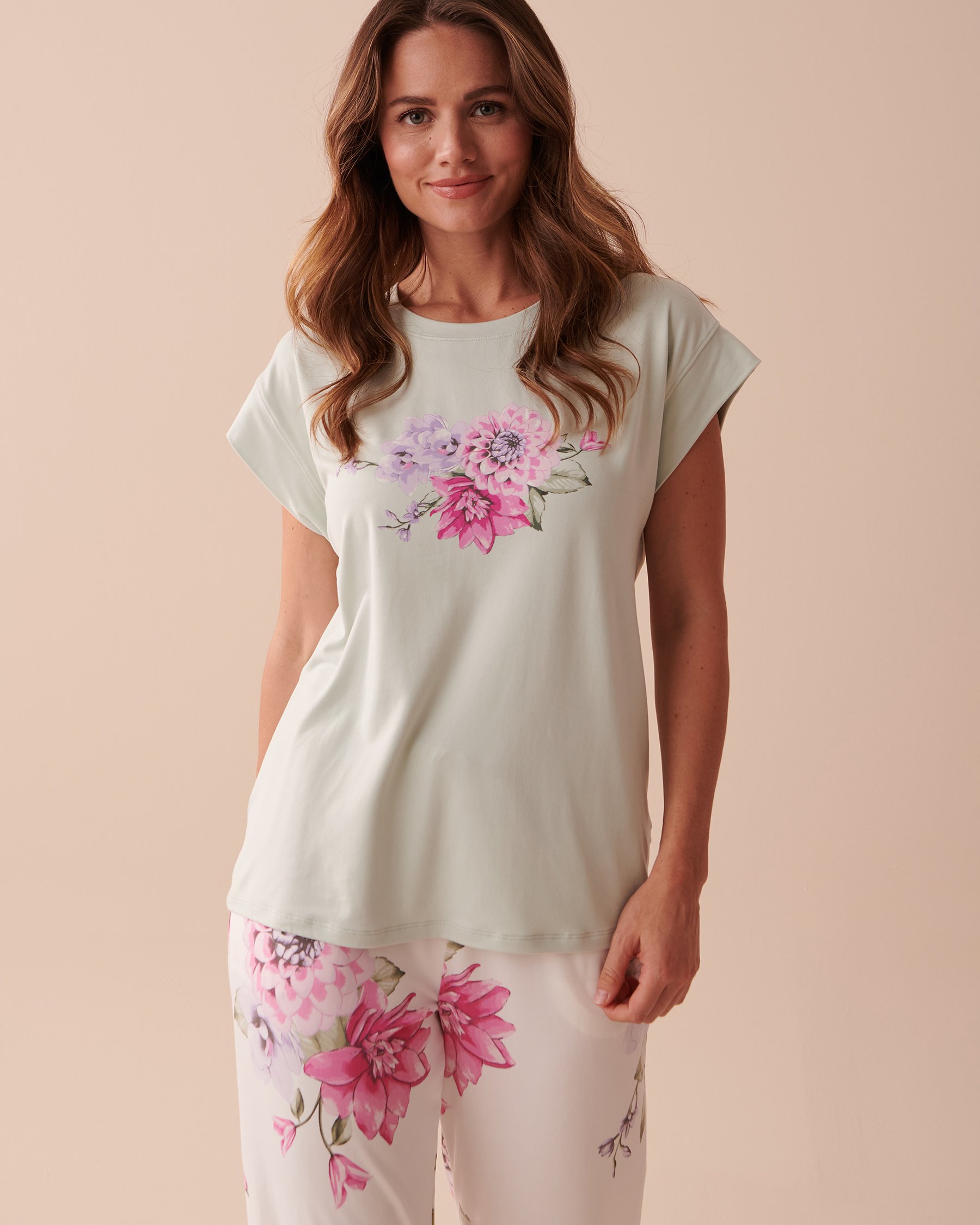 LA VIE EN ROSE T-shirt col rond ultra doux à fleurs Menthe glacée 40100539 - Voir1