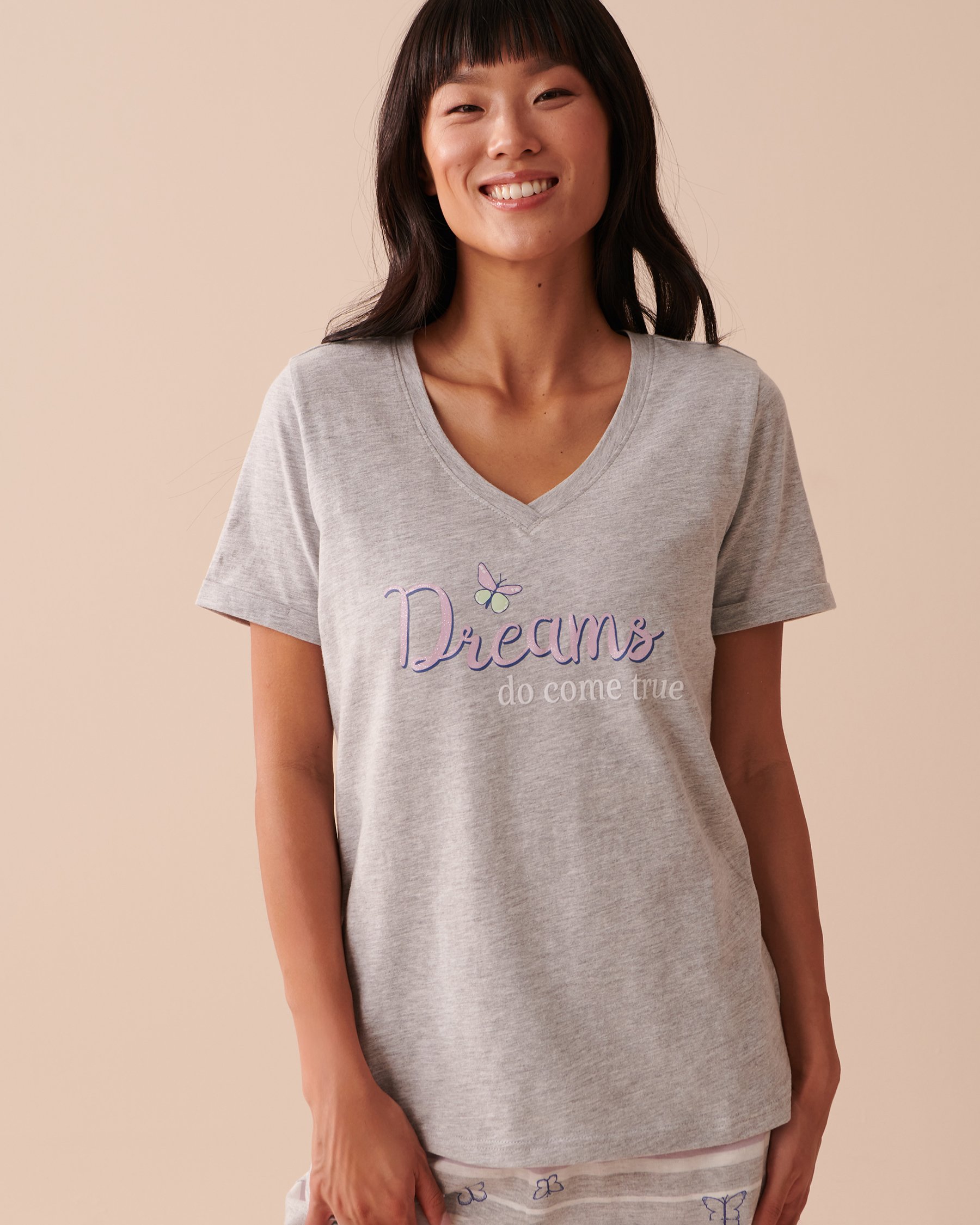 LA VIE EN ROSE T-shirt col en V Gris poudré 40100541 - View1