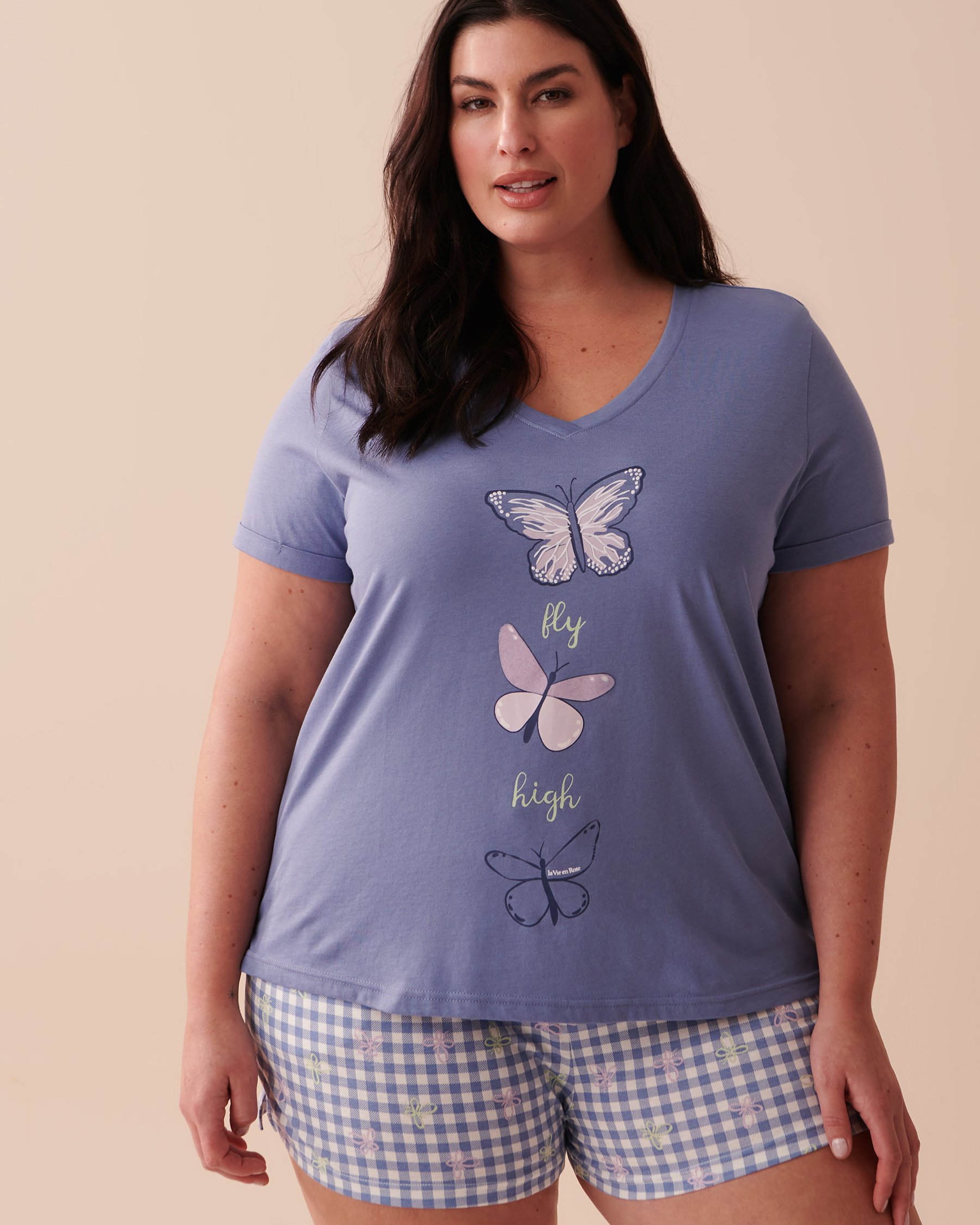 LA VIE EN ROSE T-shirt col en V en coton Bleu délicat 40100541 - Voir1