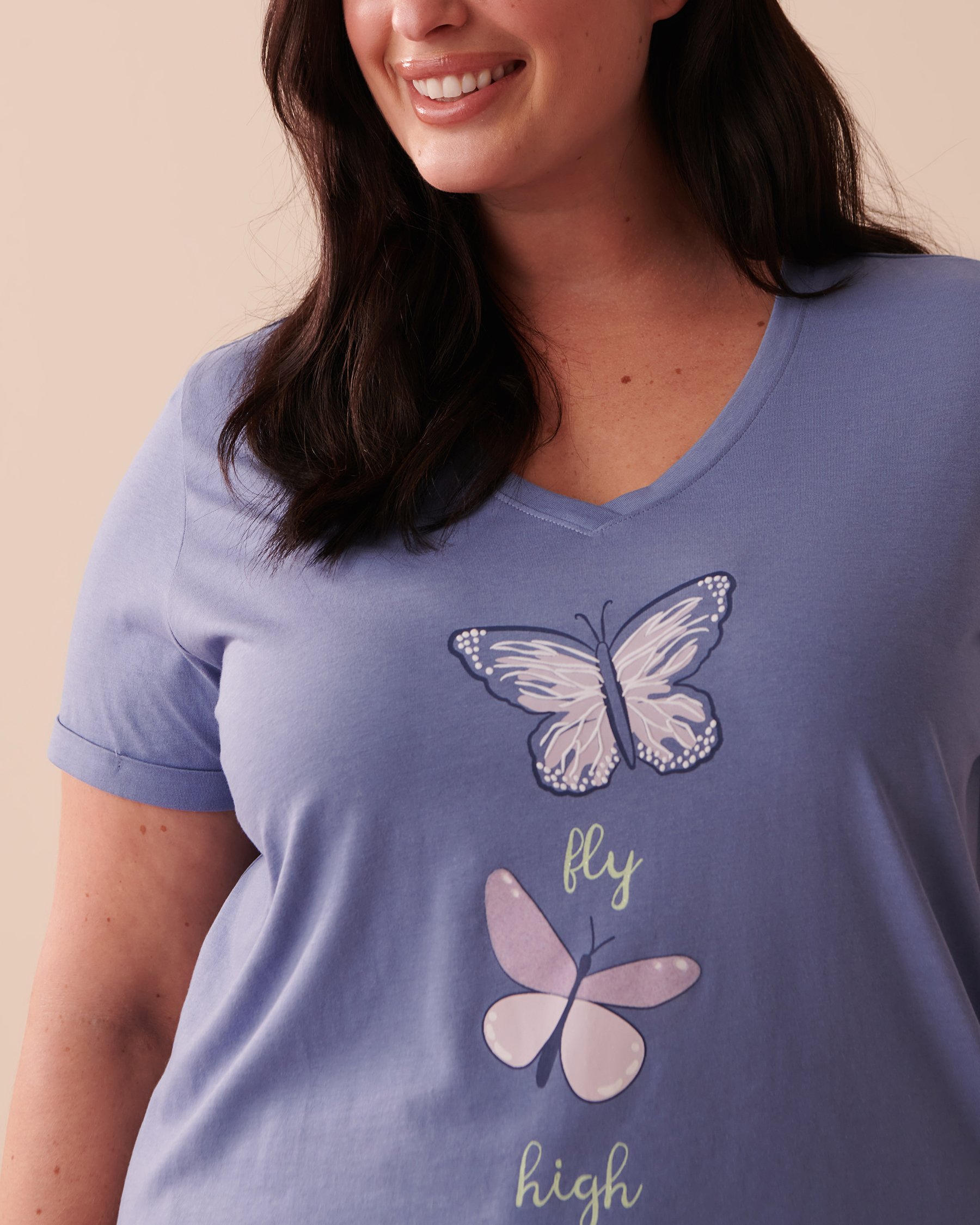LA VIE EN ROSE T-shirt col en V en coton Bleu délicat 40100541 - Voir3