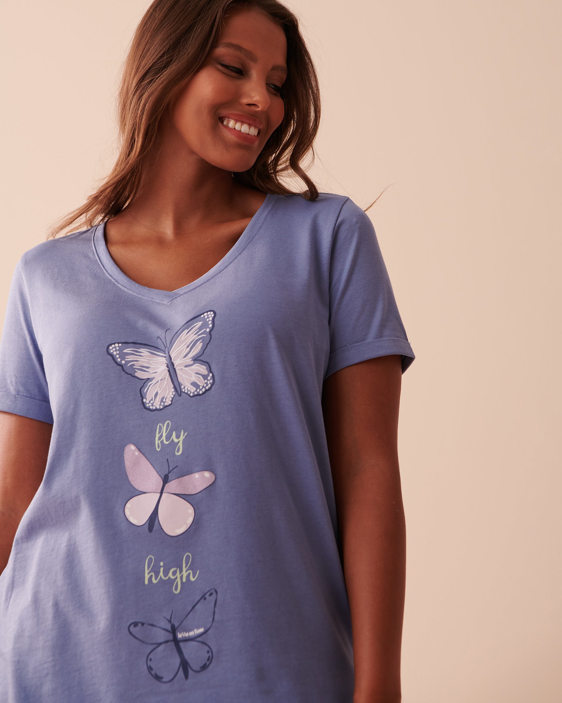 LA VIE EN ROSE T-shirt col en V en coton Bleu délicat 40100541 - Voir6