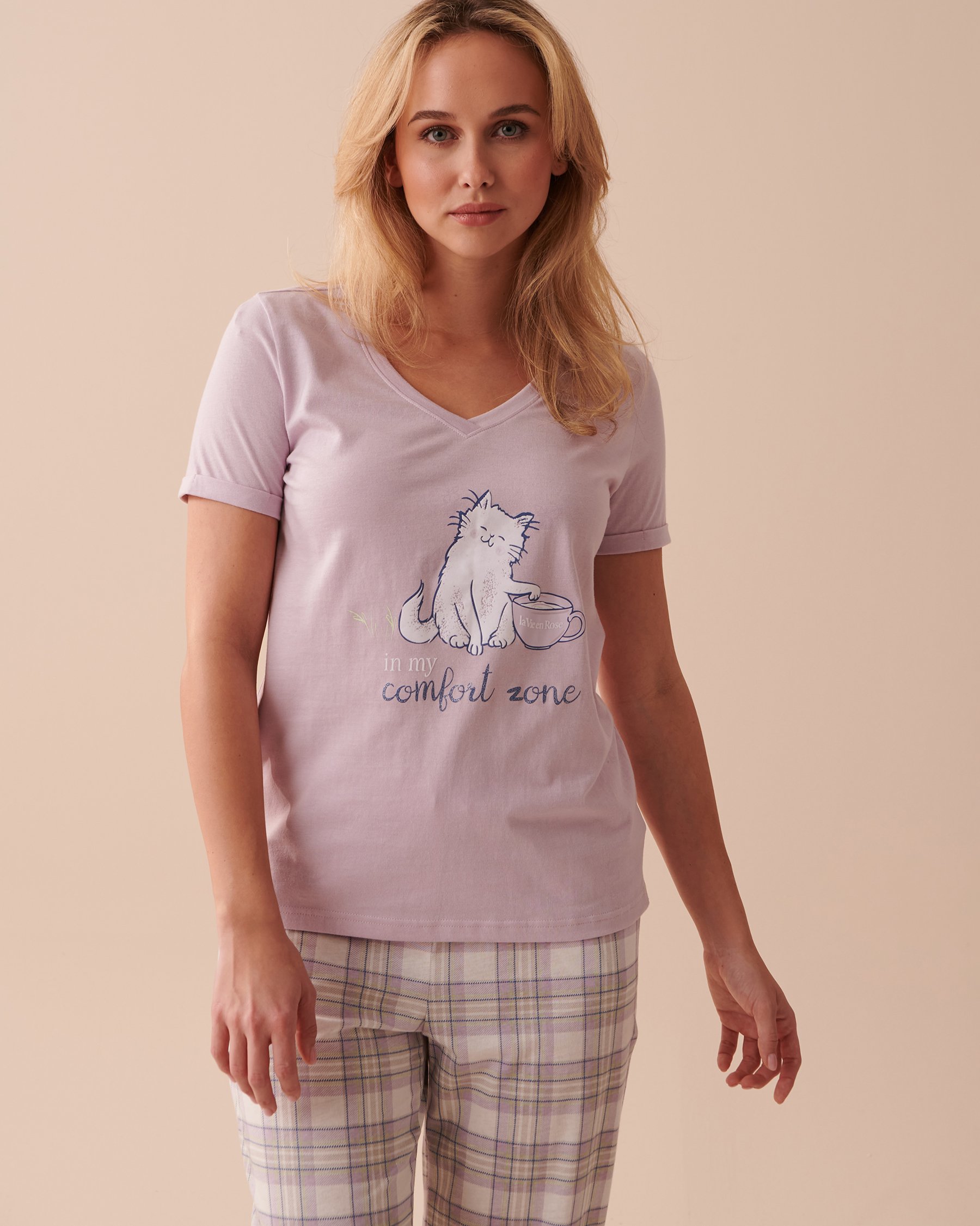 LA VIE EN ROSE T-shirt col en V en coton Lavande givrée 40100541 - Voir1