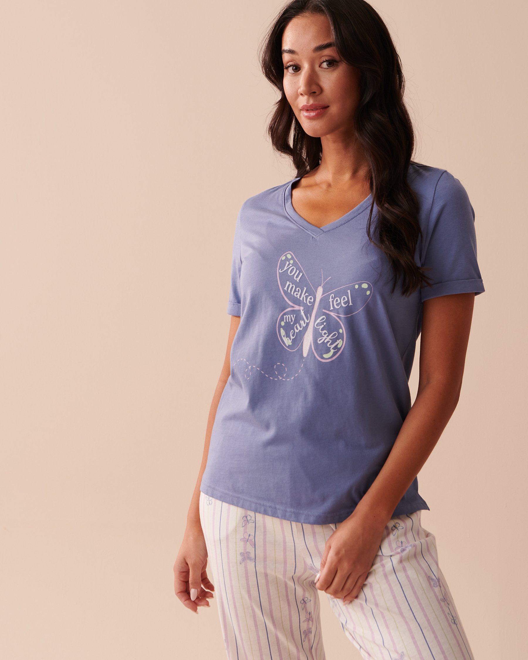 LA VIE EN ROSE T-shirt col en V en coton Bleu délicat 40100541 - Voir1
