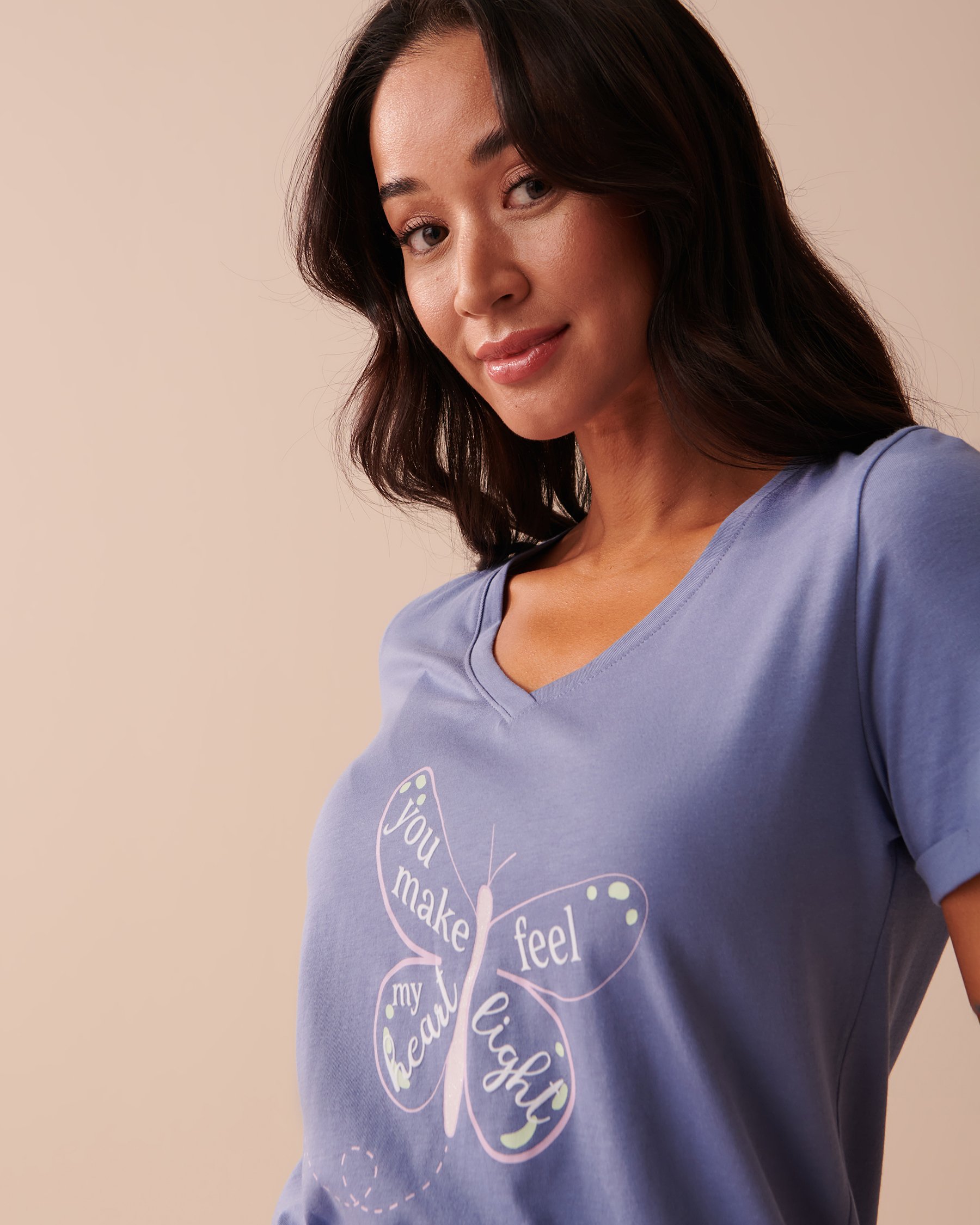 LA VIE EN ROSE T-shirt col en V en coton Bleu délicat 40100541 - Voir2