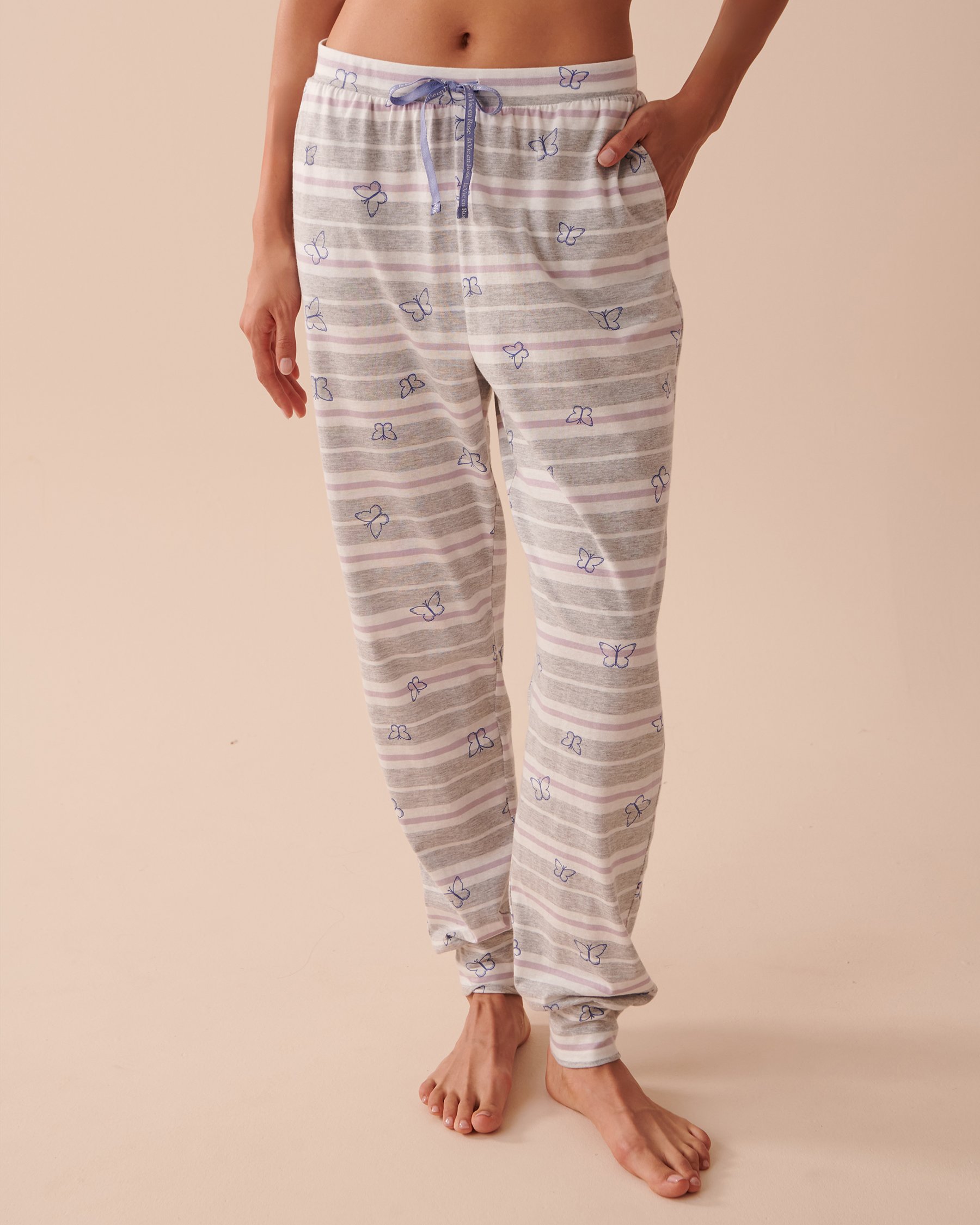 LA VIE EN ROSE Cotton Fitted Pajama Pants Stripes and Butterflies 40200534 - View1