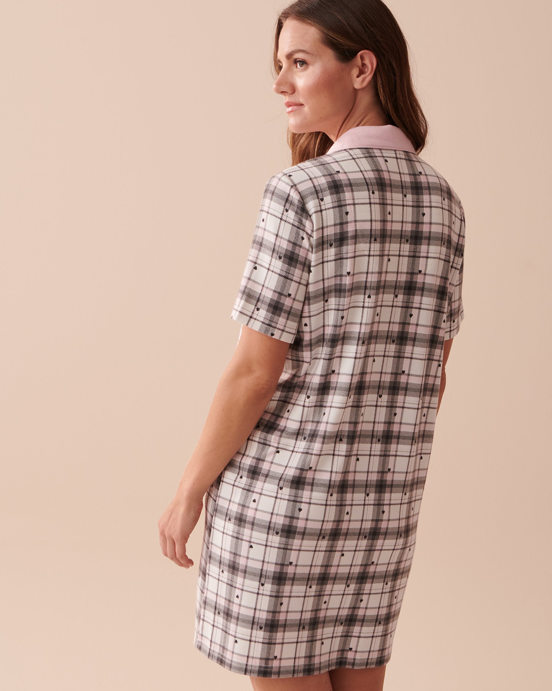 LA VIE EN ROSE Recycled Fibers Plaid Short Sleeve Sleepshirt Pink Plaid and Black Hearts 40500325 - View2