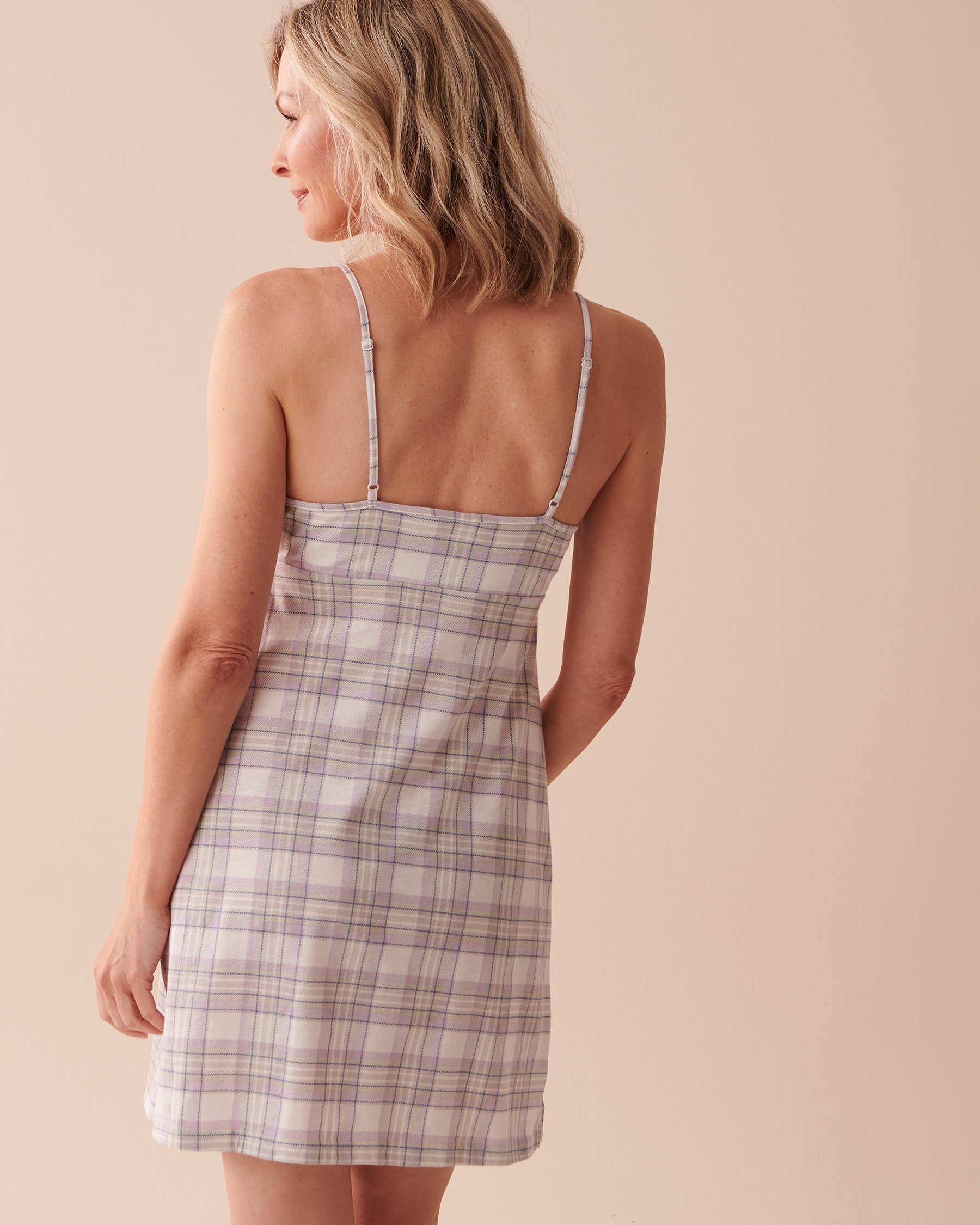 LA VIE EN ROSE Cotton Thin Straps Nightie Lavender Plaid 40500334 - View2