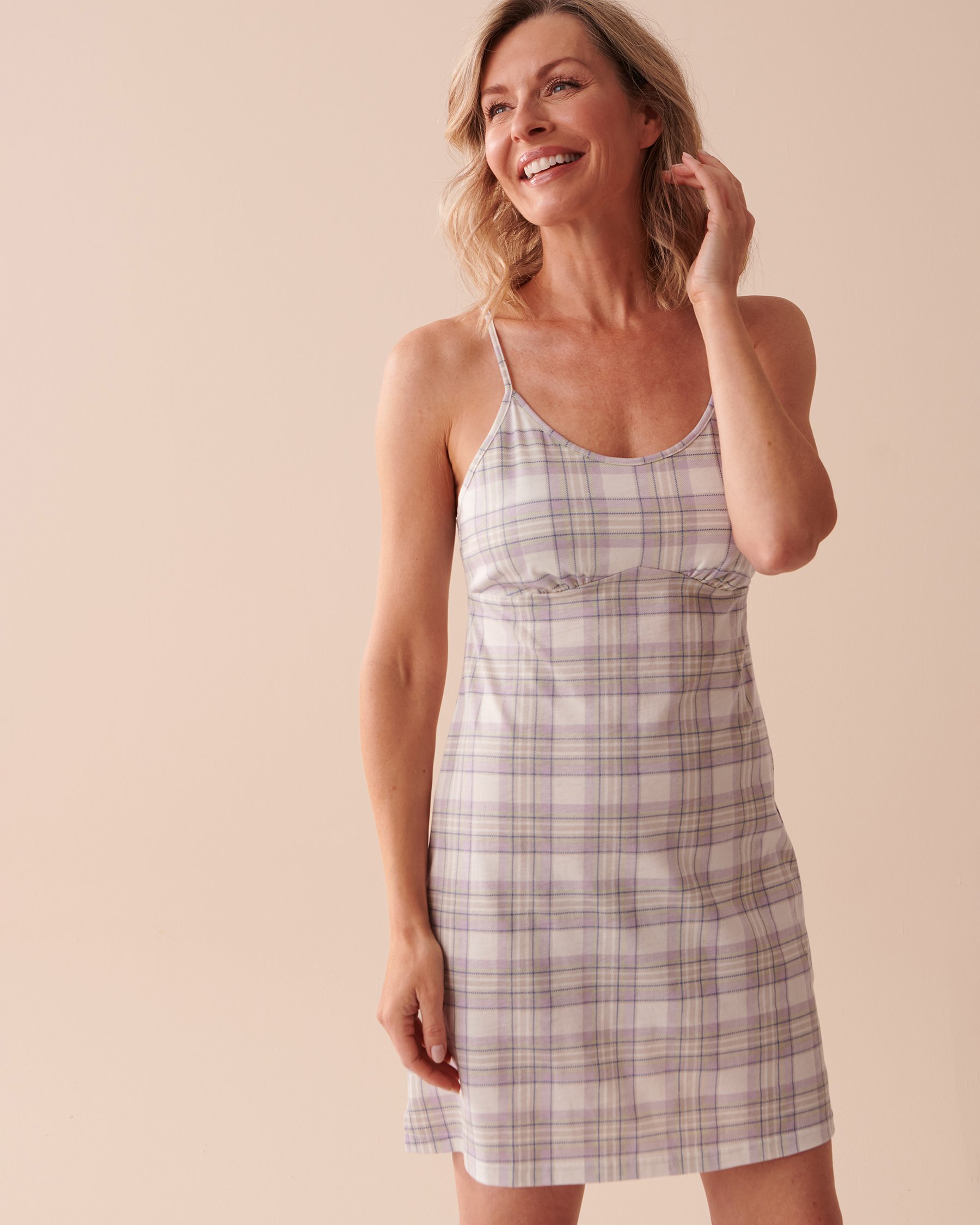 LA VIE EN ROSE Cotton Thin Straps Nightie Lavender Plaid 40500334 - View3