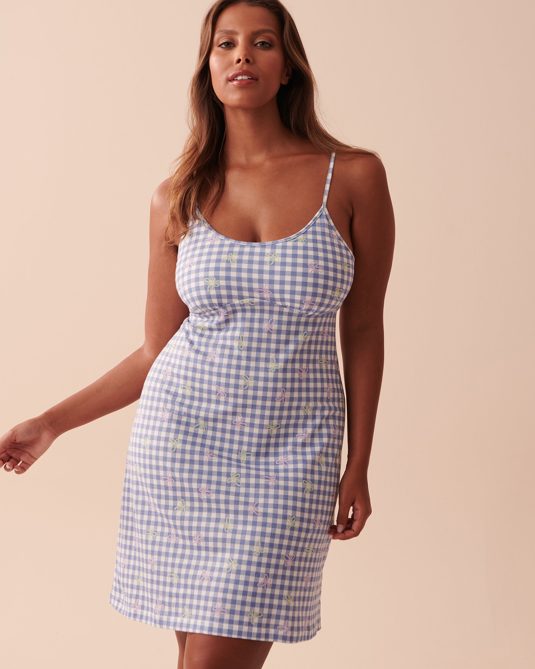 LA VIE EN ROSE Cotton Thin Straps Nightie Vichy Print and Butterflies 40500334 - View1