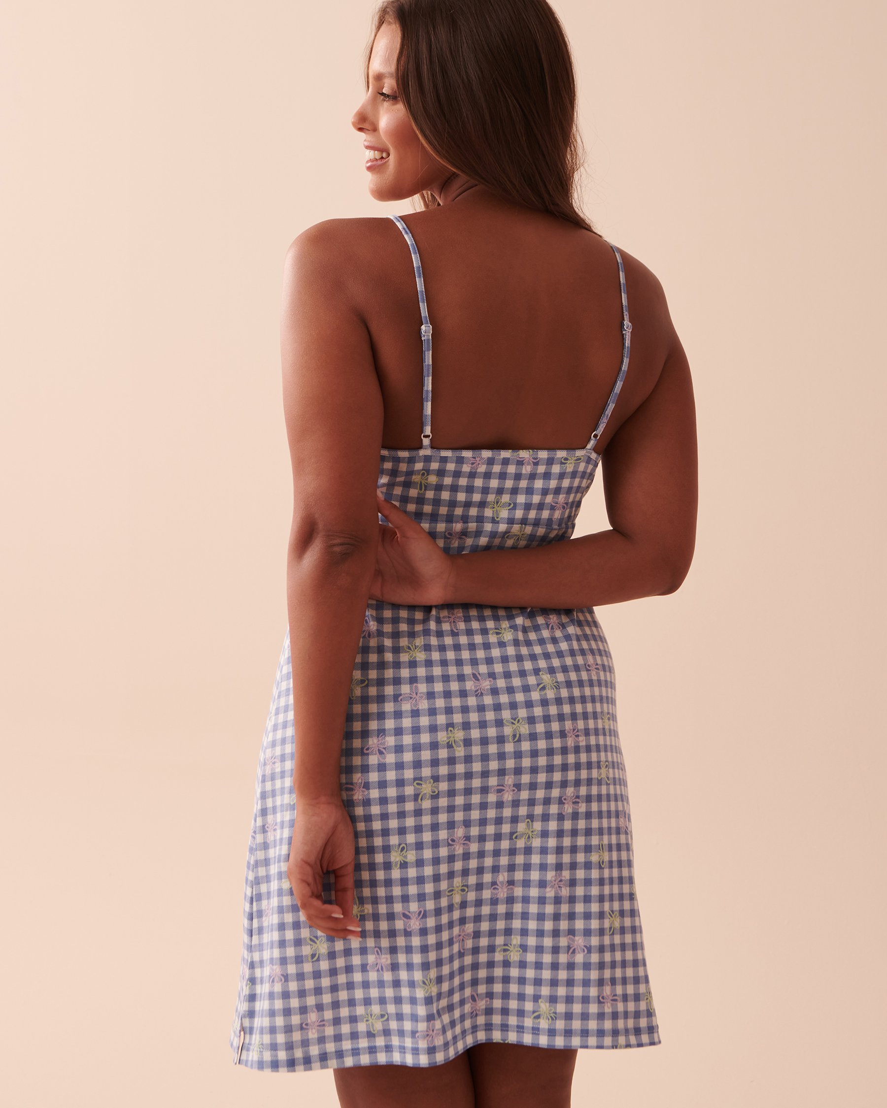 LA VIE EN ROSE Cotton Thin Straps Nightie Vichy Print and Butterflies 40500334 - View2