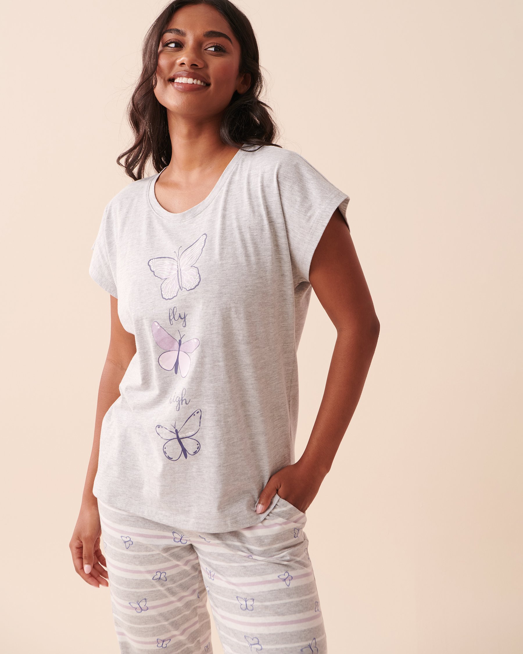 LA VIE EN ROSE T-shirt col rond Gris poudré 40100540 - Voir1