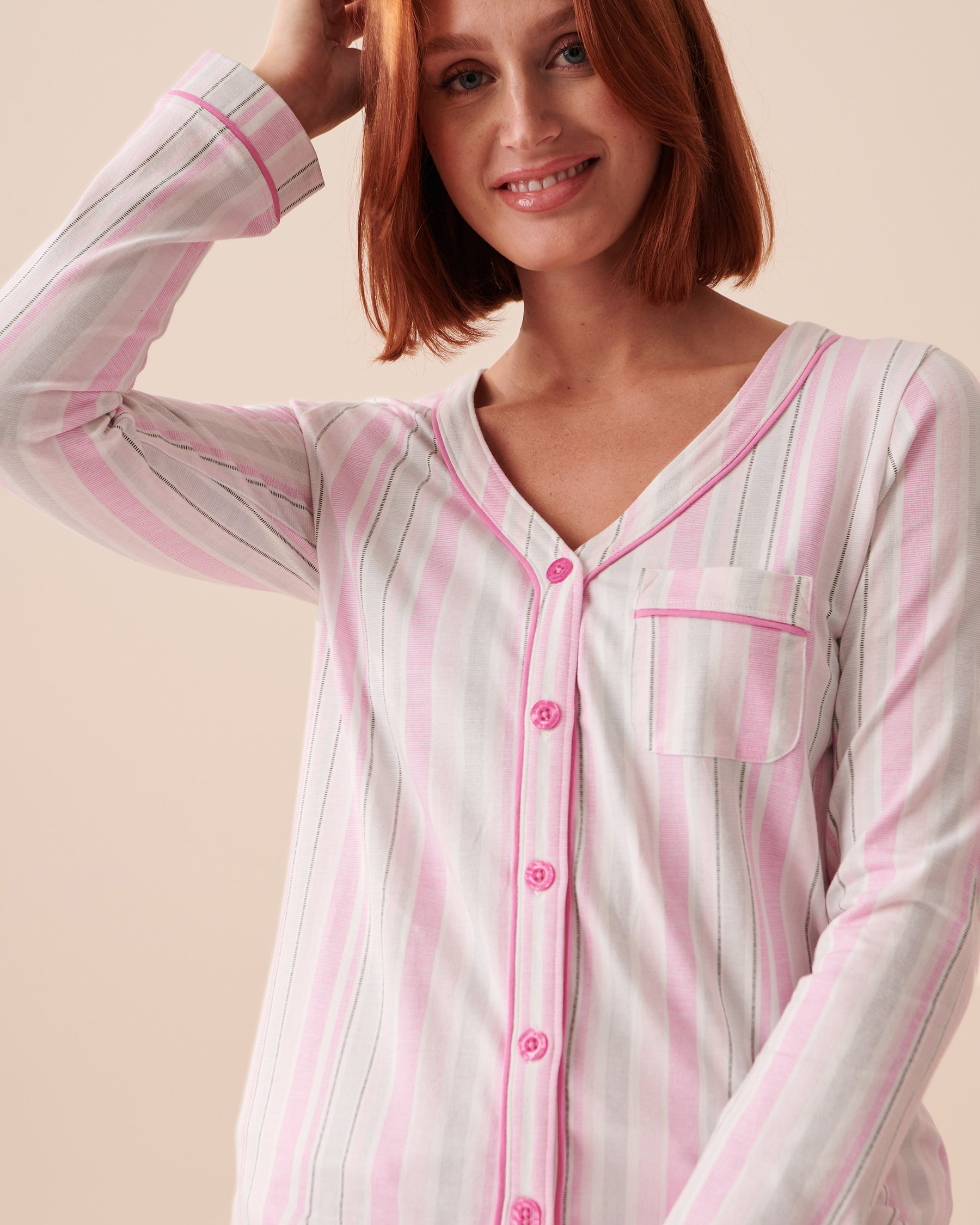LA VIE EN ROSE Striped Cotton Button-down Shirt Pink Stripes 40100524 - View3