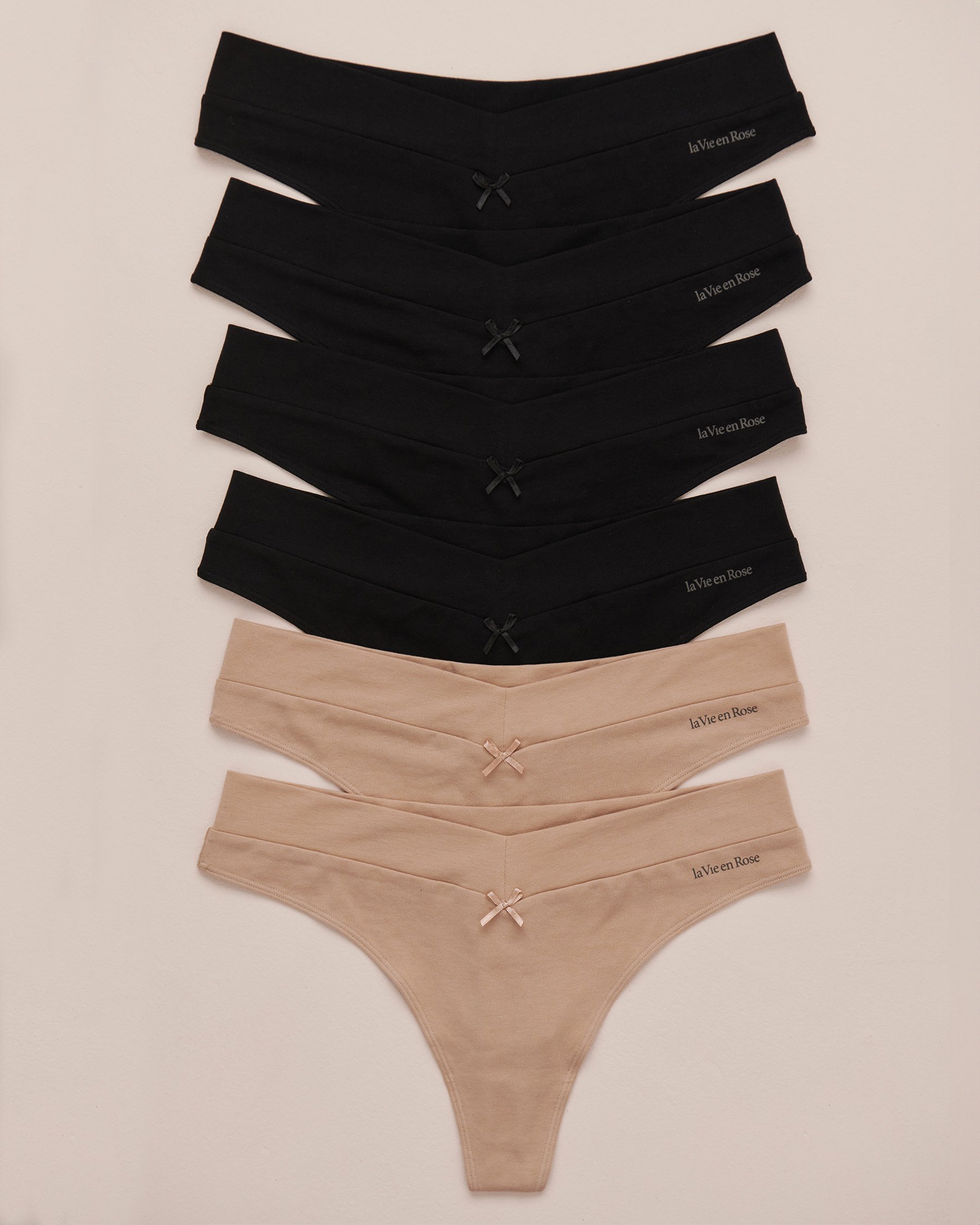 LA VIE EN ROSE Lot de 6 culottes tanga en coton Noir/Beige 20100418 - Voir1