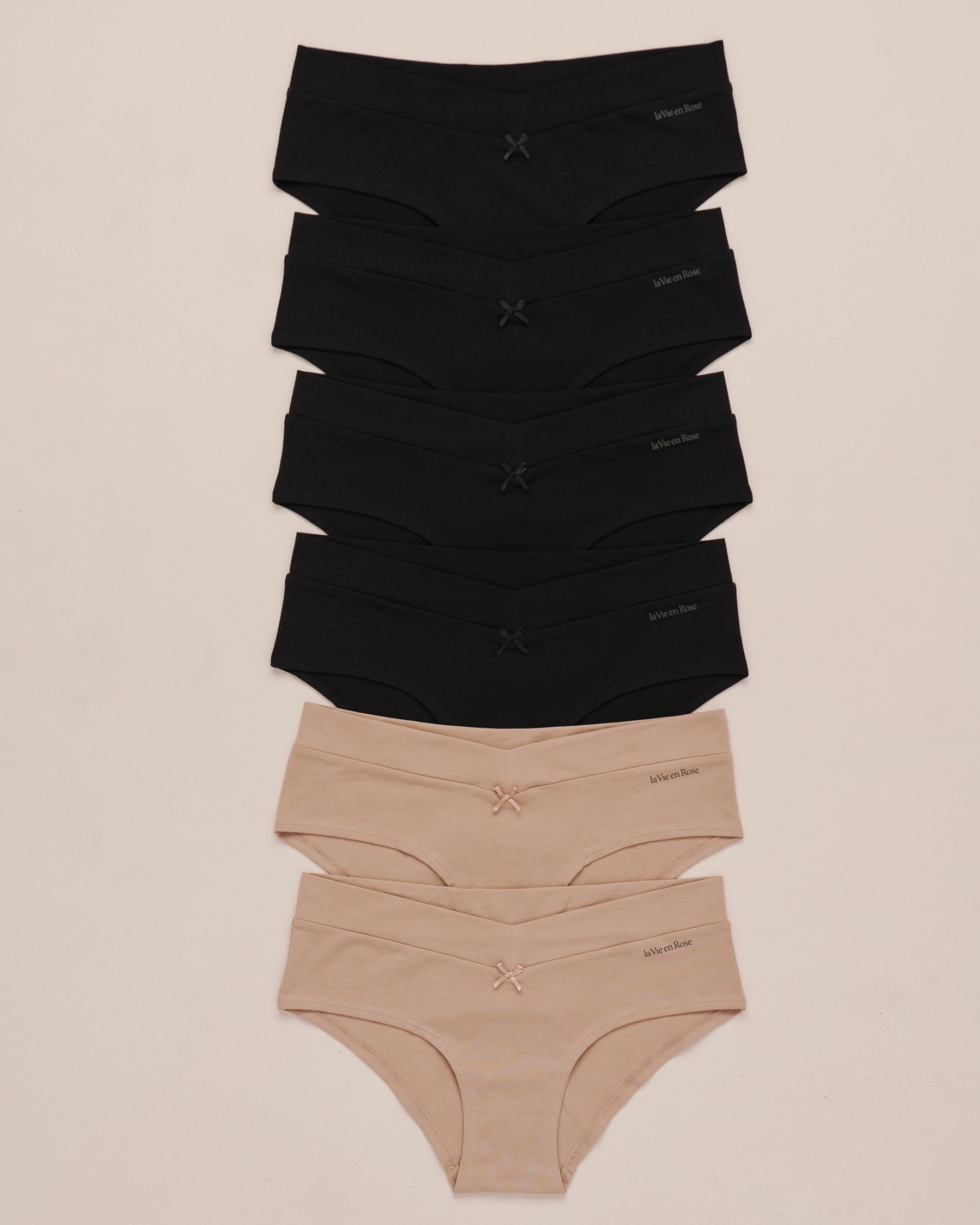 LA VIE EN ROSE Lot de 6 culottes aux hanches en coton Noir/Beige 20100420 - Voir1
