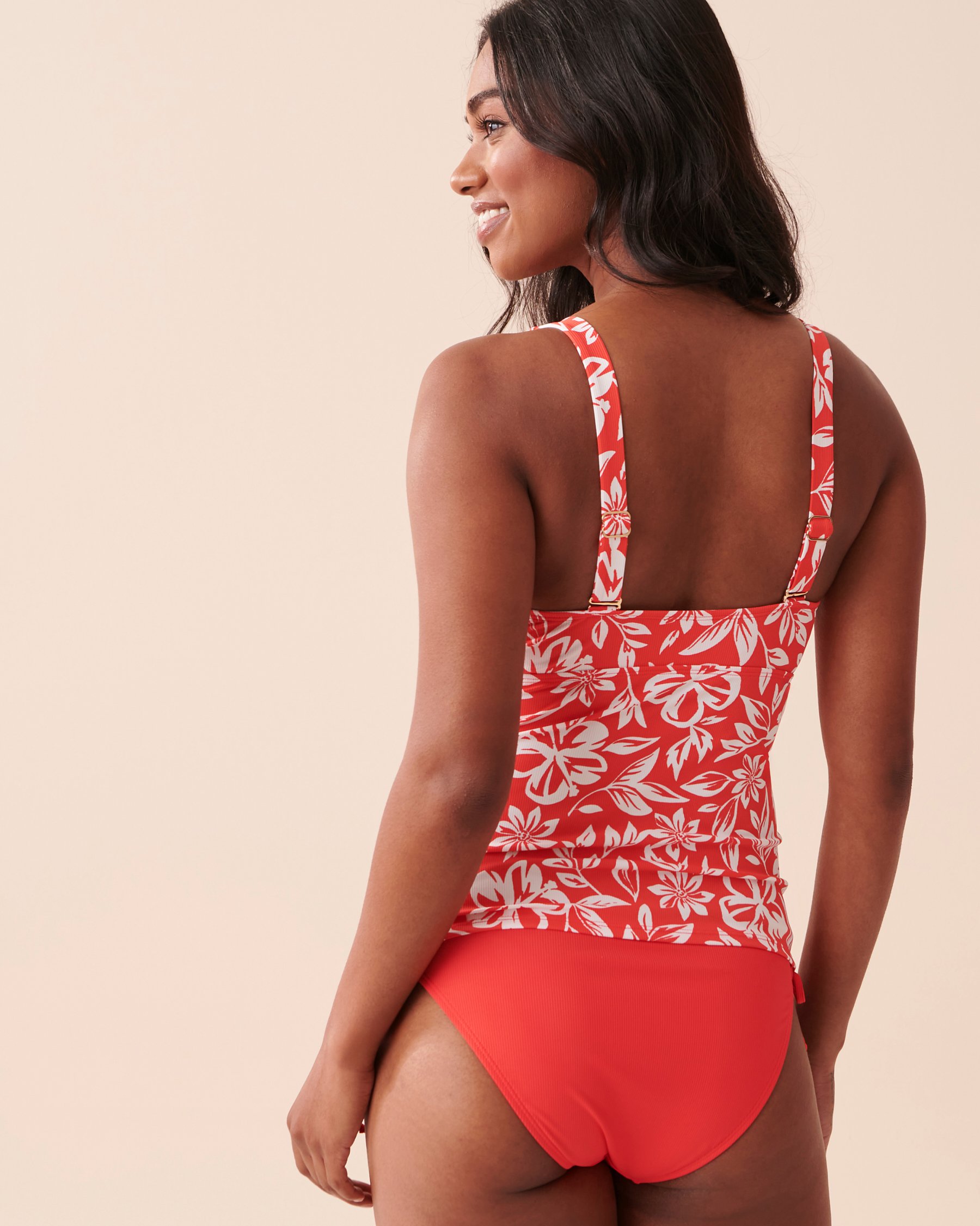 LA VIE EN ROSE AQUA Haut tankini dos croisé texturé TAHITI Hibiscus rouge orangé 70100543 - View2