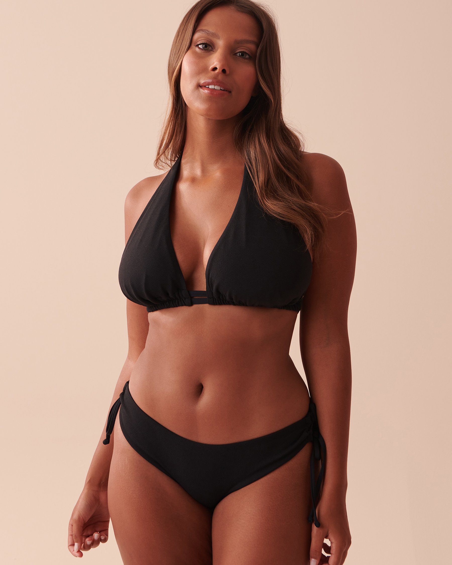 LA VIE EN ROSE AQUA TEXTURED Recycled Fibers Side Tie Cheeky Bikini Bottom Black 70300522 - View6