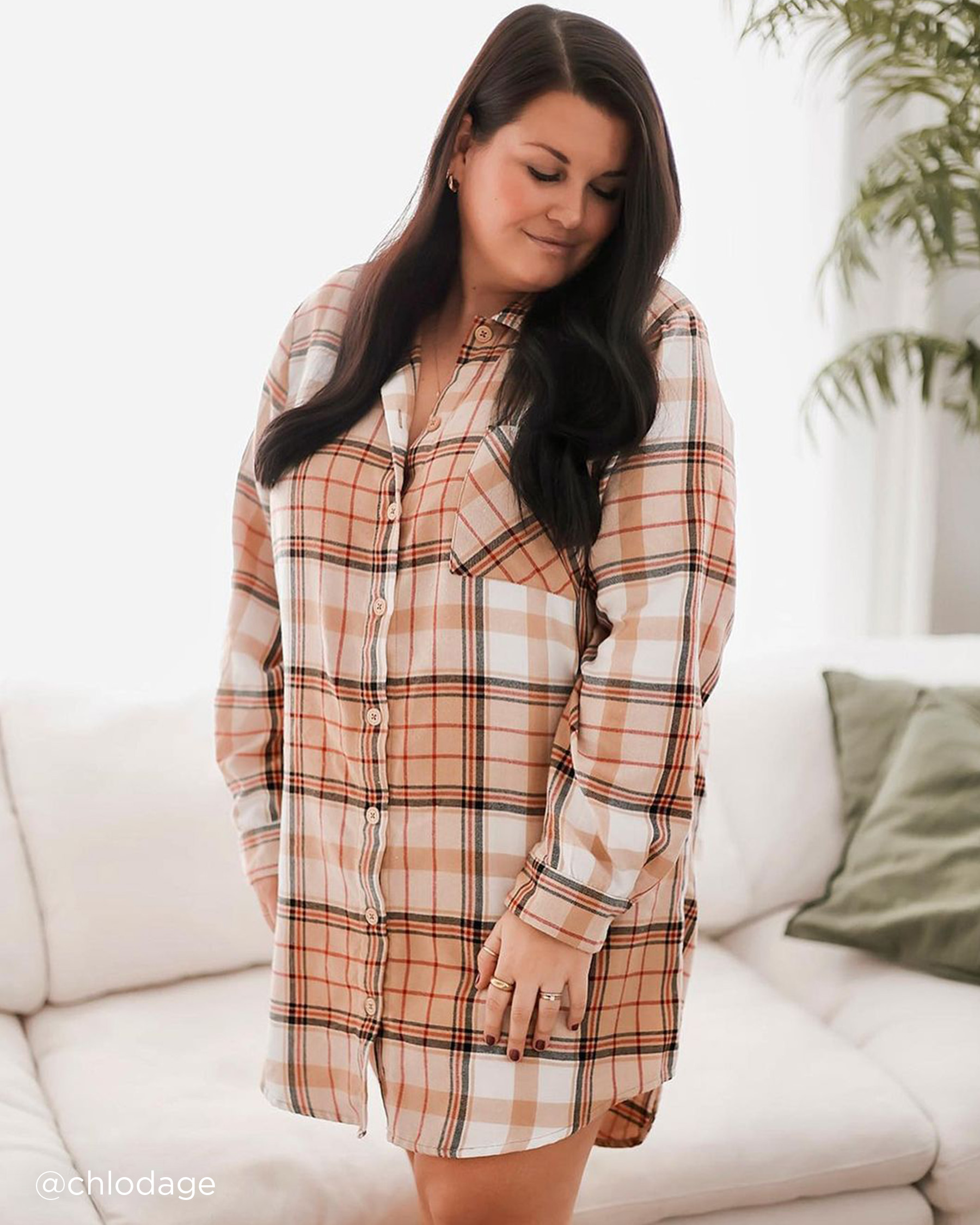 LA VIE EN ROSE Plaid Button-down Sleepshirt Caramel Plaid 40500308 - View5