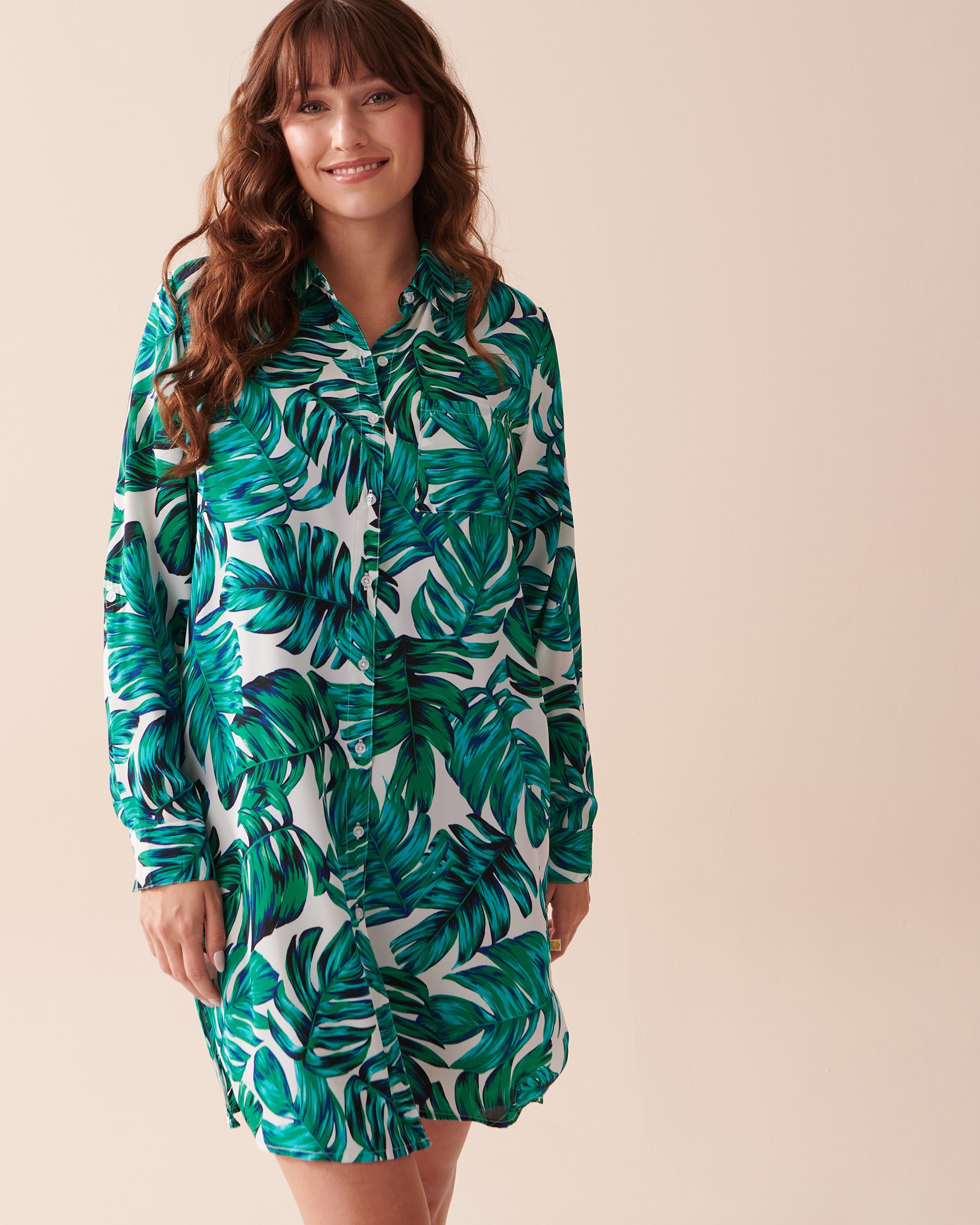 LA VIE EN ROSE AQUA Tunique boutonnée longue en chiffon Feuilles de palmier 80100020 - Voir1