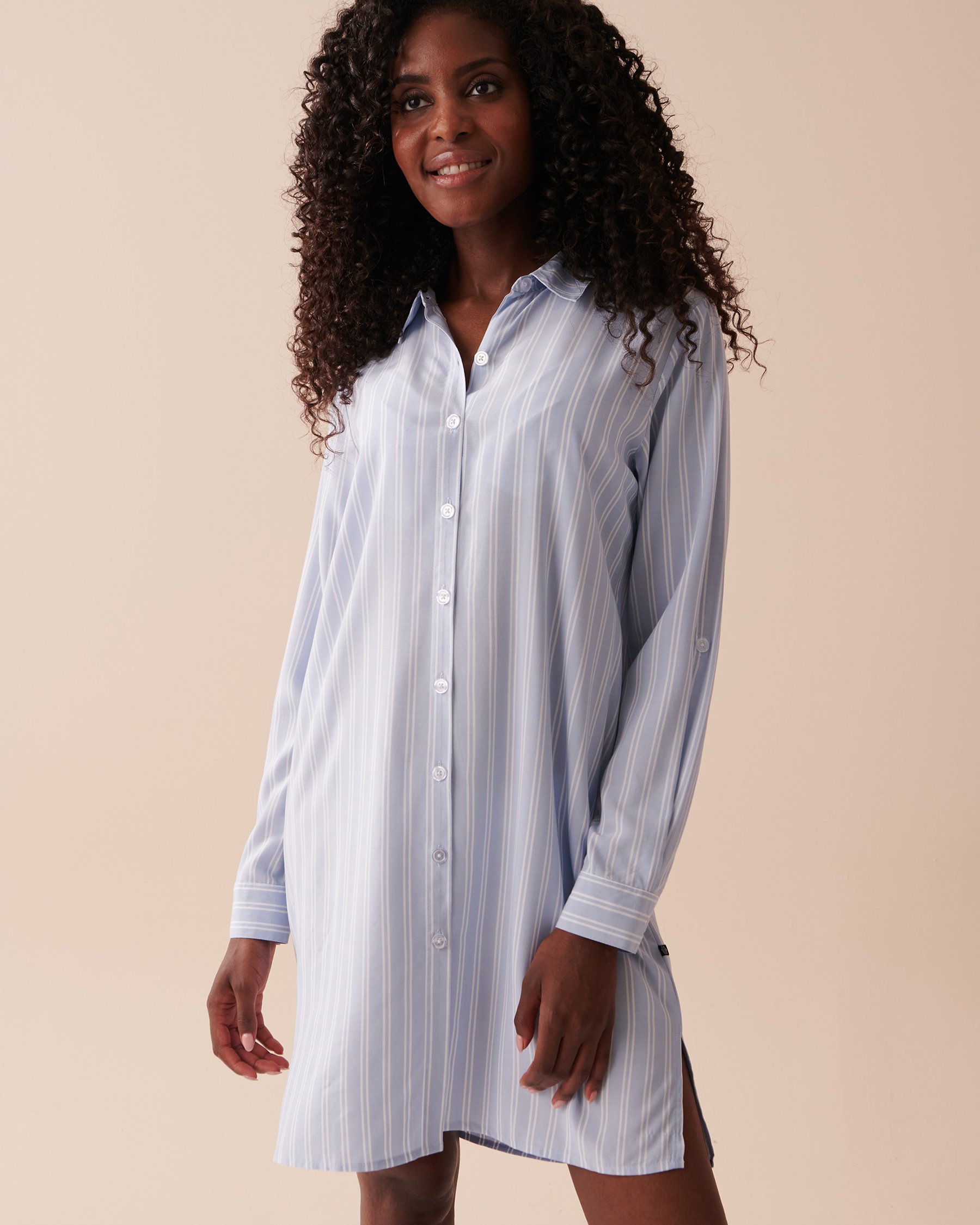 LA VIE EN ROSE AQUA Long Button-down Tunic Light Blue Stripes 80400051 - View3