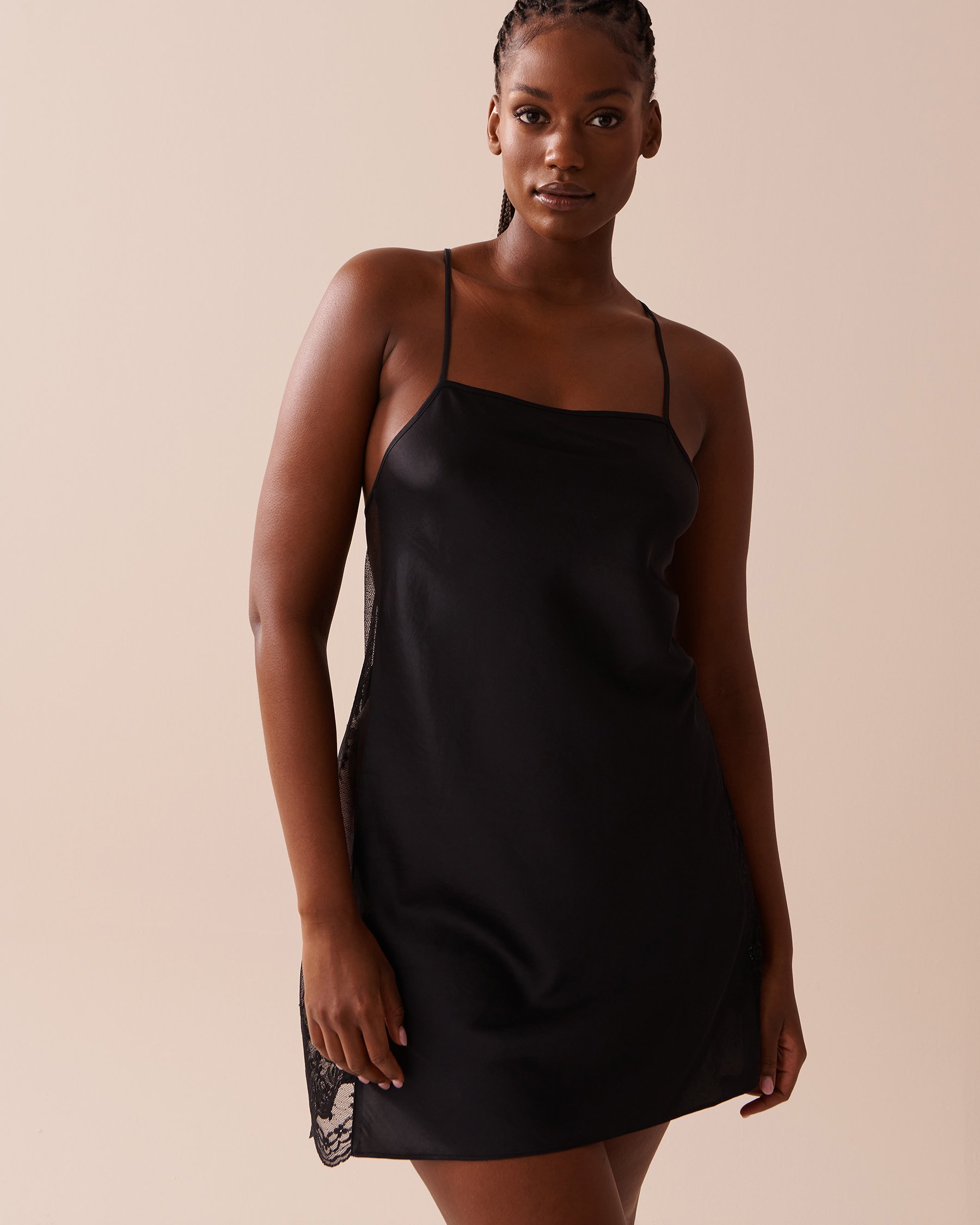 LA VIE EN ROSE Satin and Lace Nightie Black 60500138 - View7