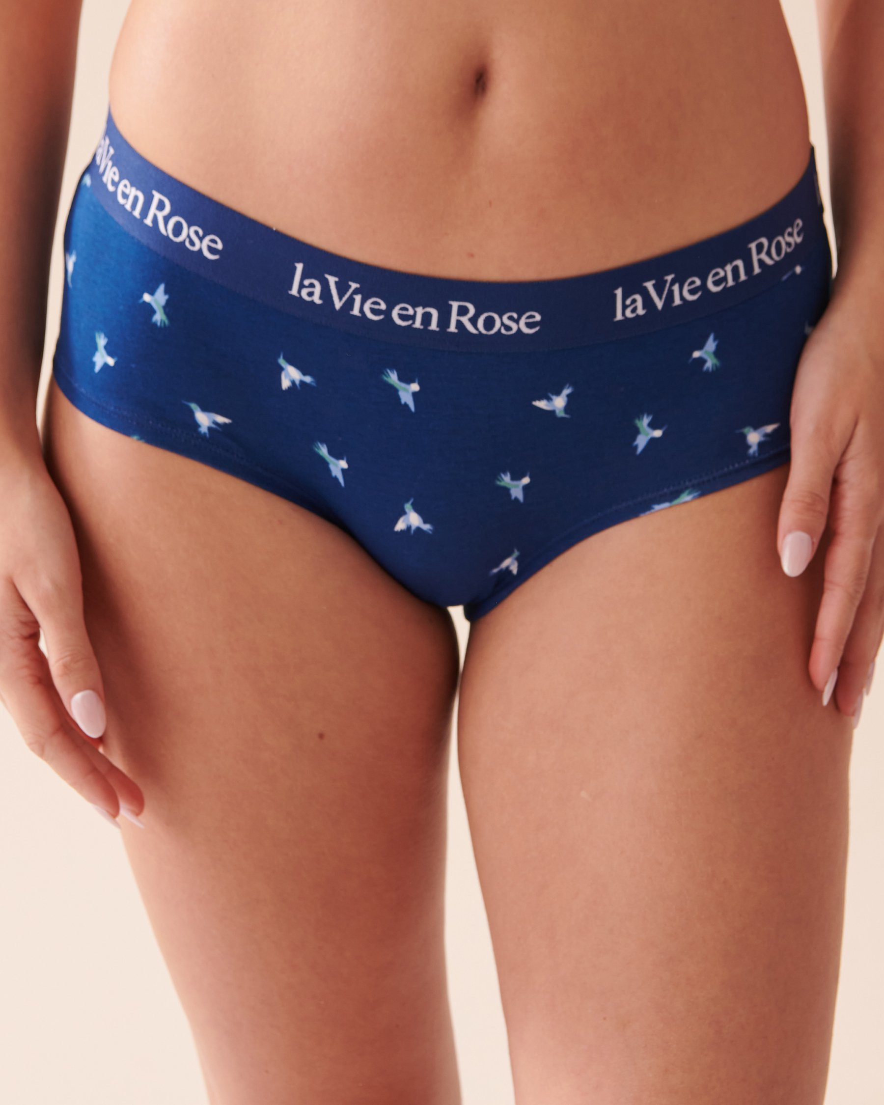 LA VIE EN ROSE Cotton and Logo Elastic Band Hiphugger Panty Dark Blue Hummingbirds 20100436 - View1