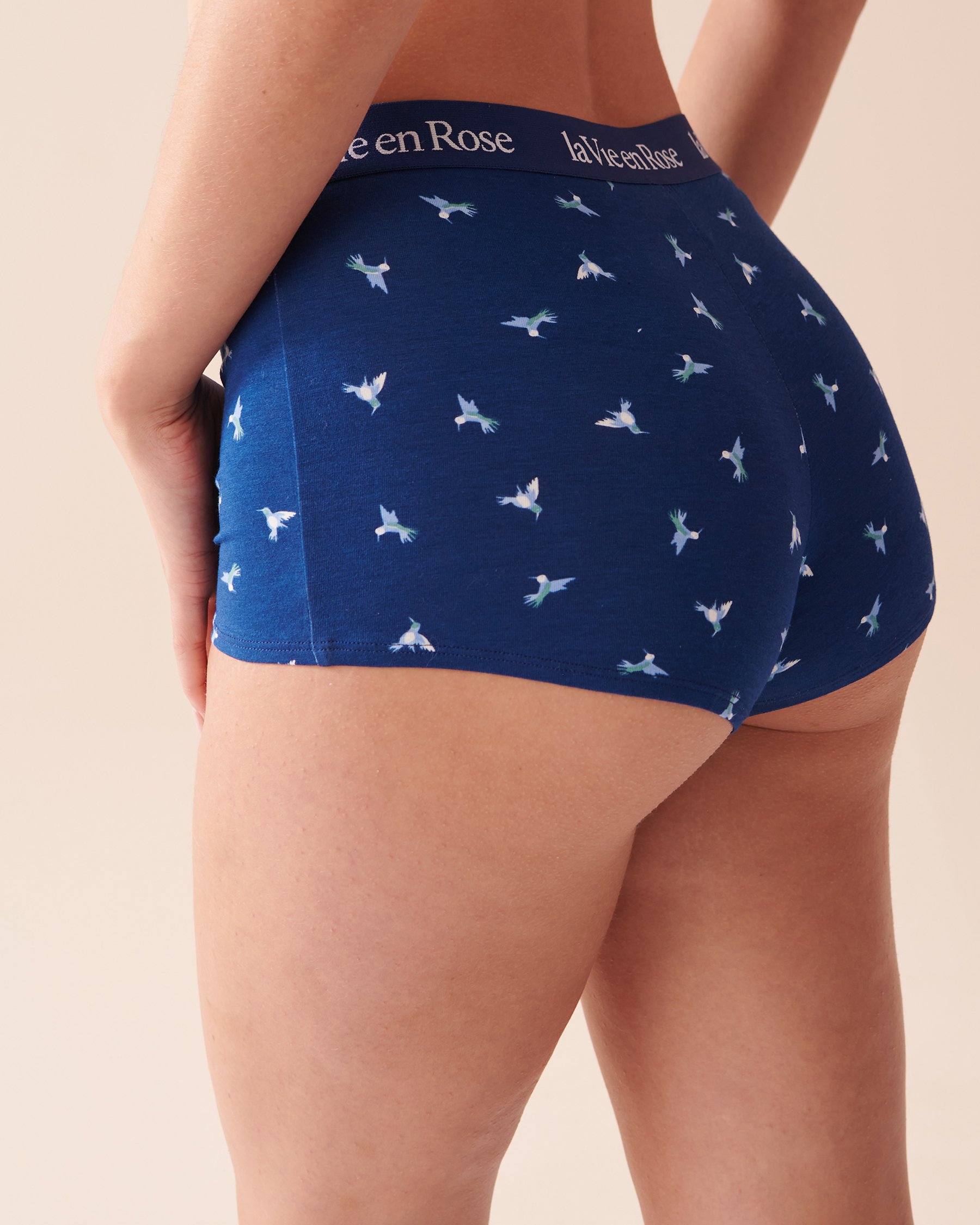 LA VIE EN ROSE Cotton and Logo Elastic Band High Waist Boyleg Panty Dark Blue Hummingbirds 20100437 - View2