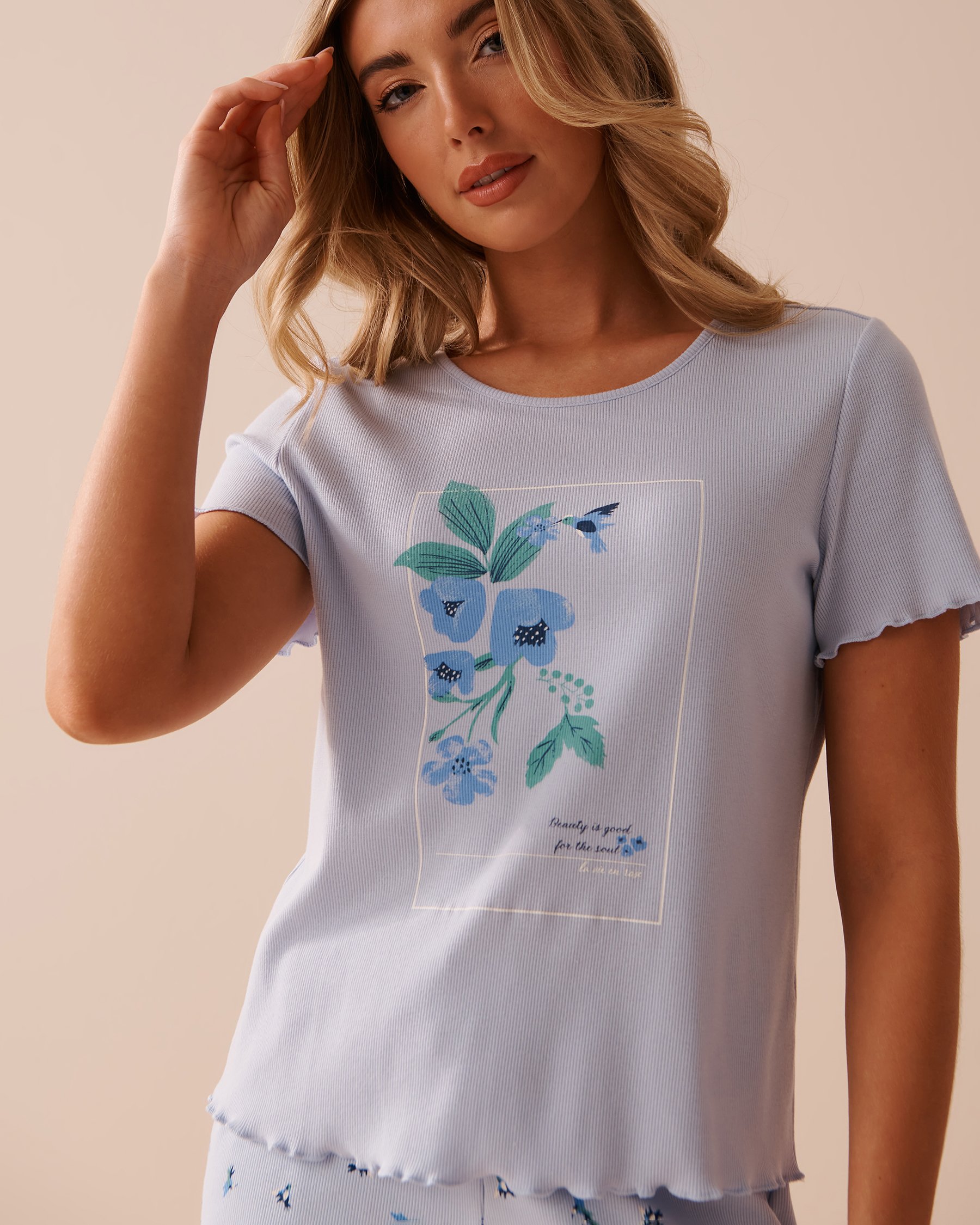 LA VIE EN ROSE T-shirt col rond côtelé bordures frisons Pervenche 40100548 - Voir3