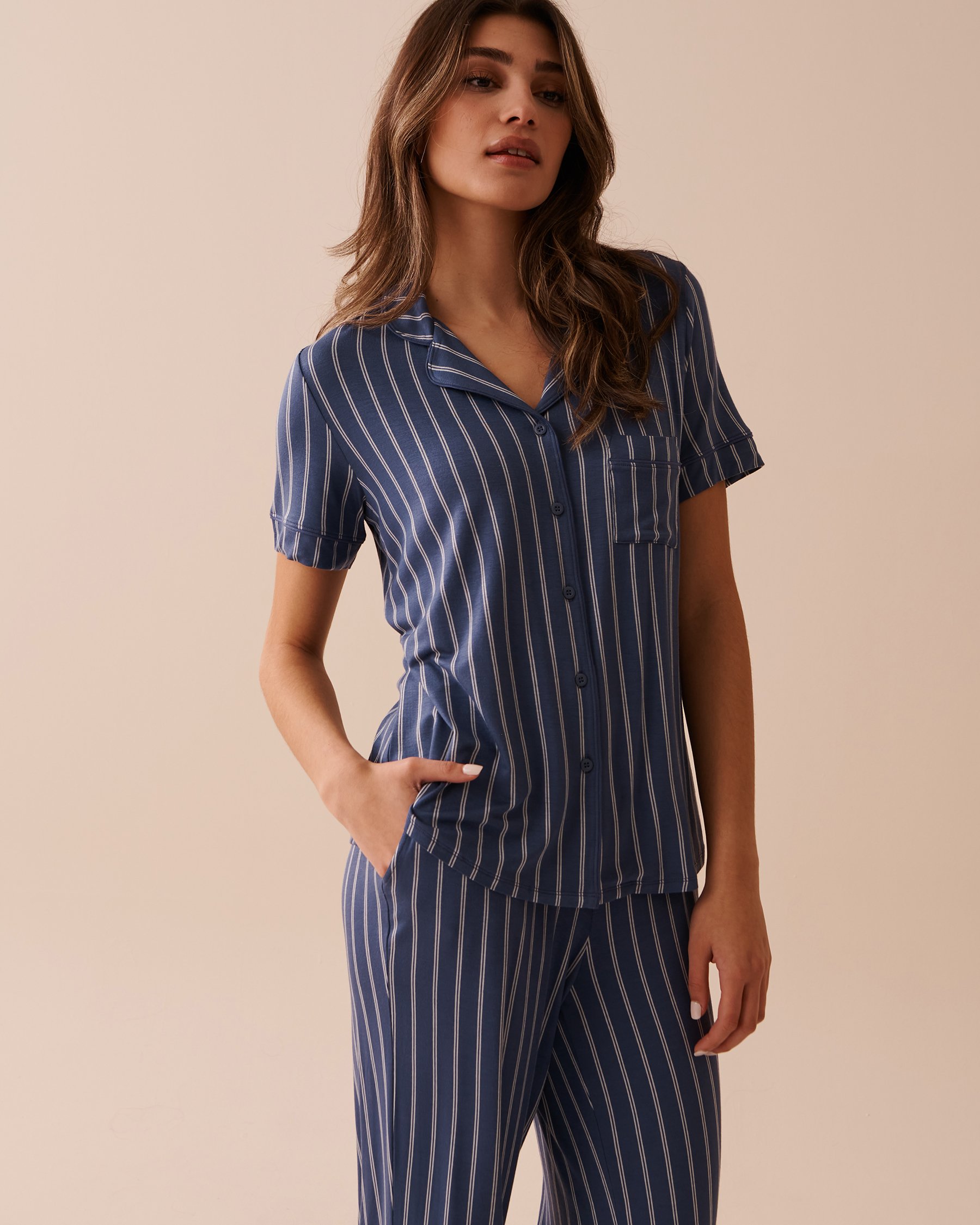 LA VIE EN ROSE Soft Jersey Short Sleeve Button-down Shirt Navy Stripes 40100570 - View1