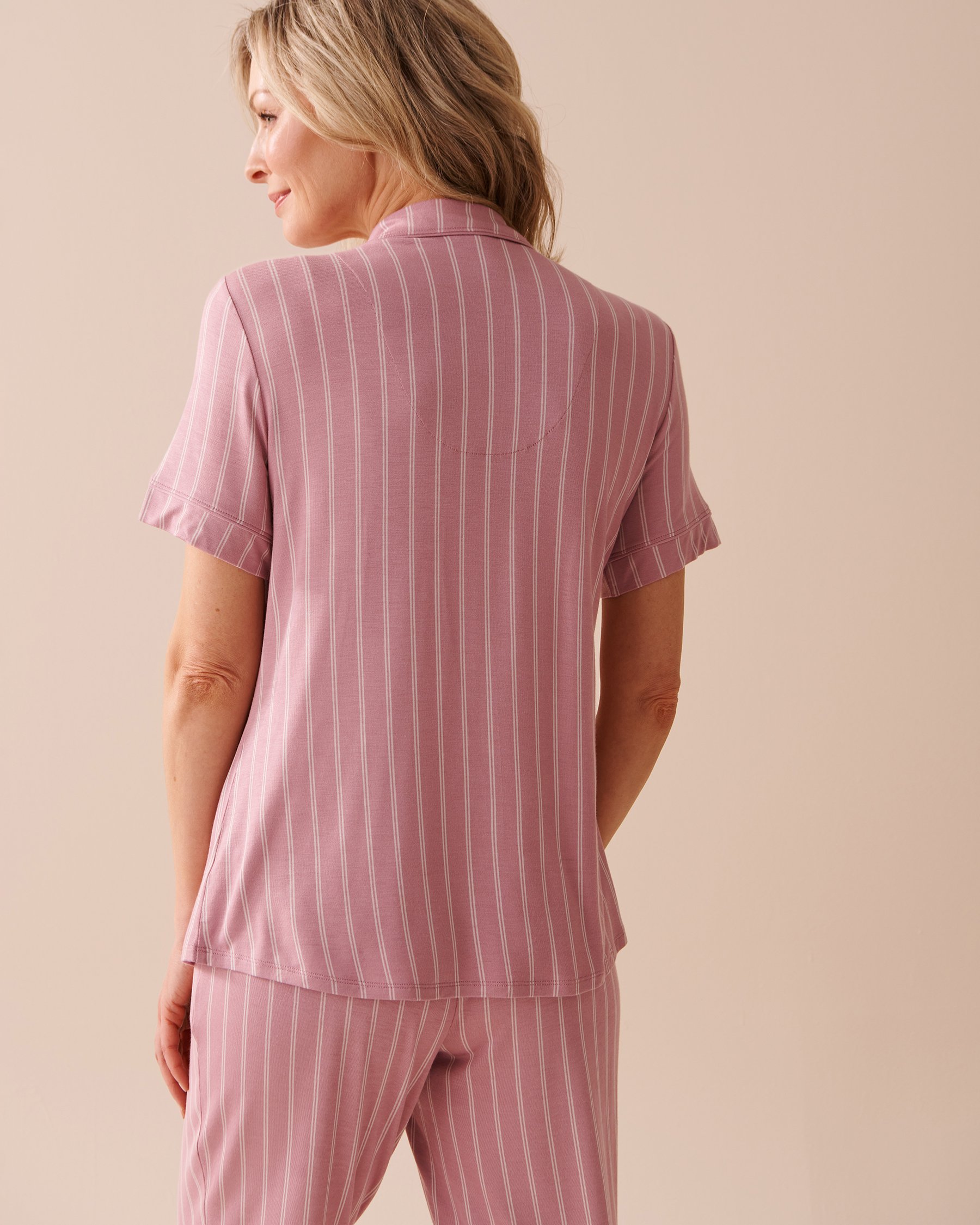 LA VIE EN ROSE Soft Jersey Short Sleeve Button-down Shirt Pink Stripes 40100570 - View2