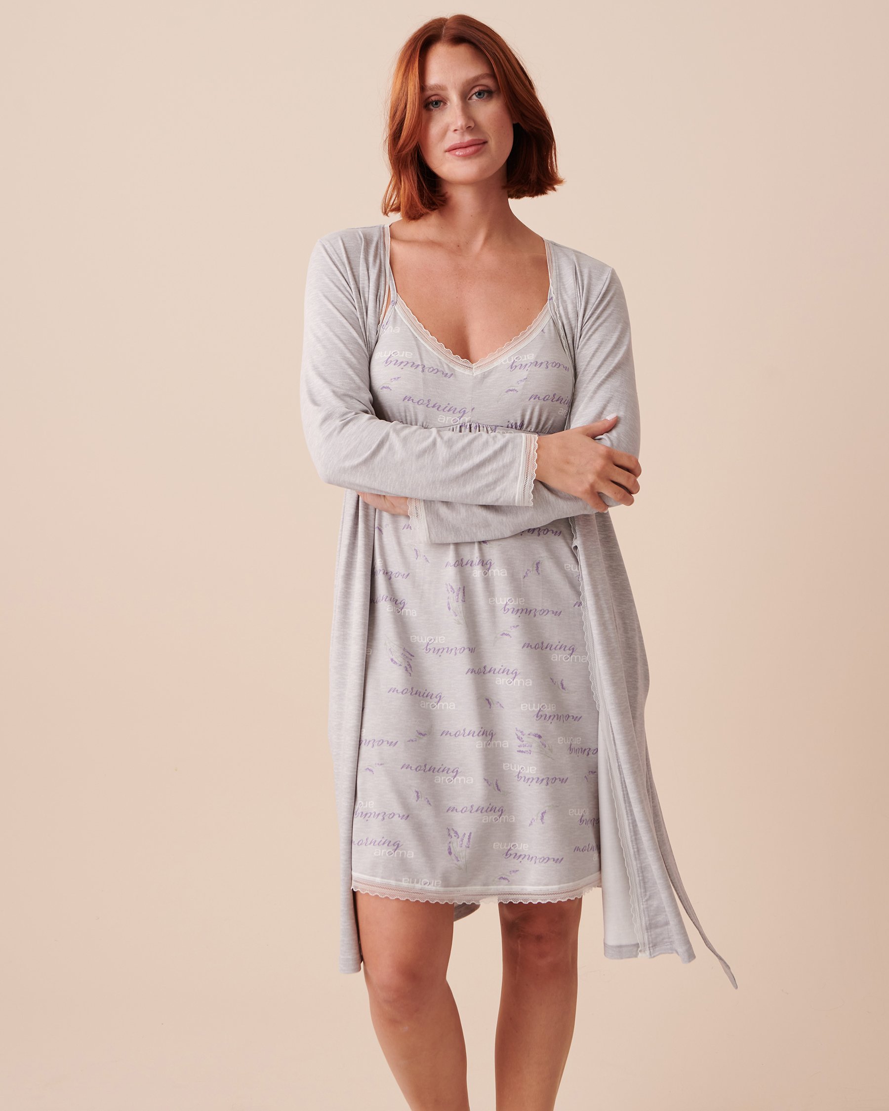 LA VIE EN ROSE Lace Trim Super Soft Kimono Light Grey Mix 40500348 - View1