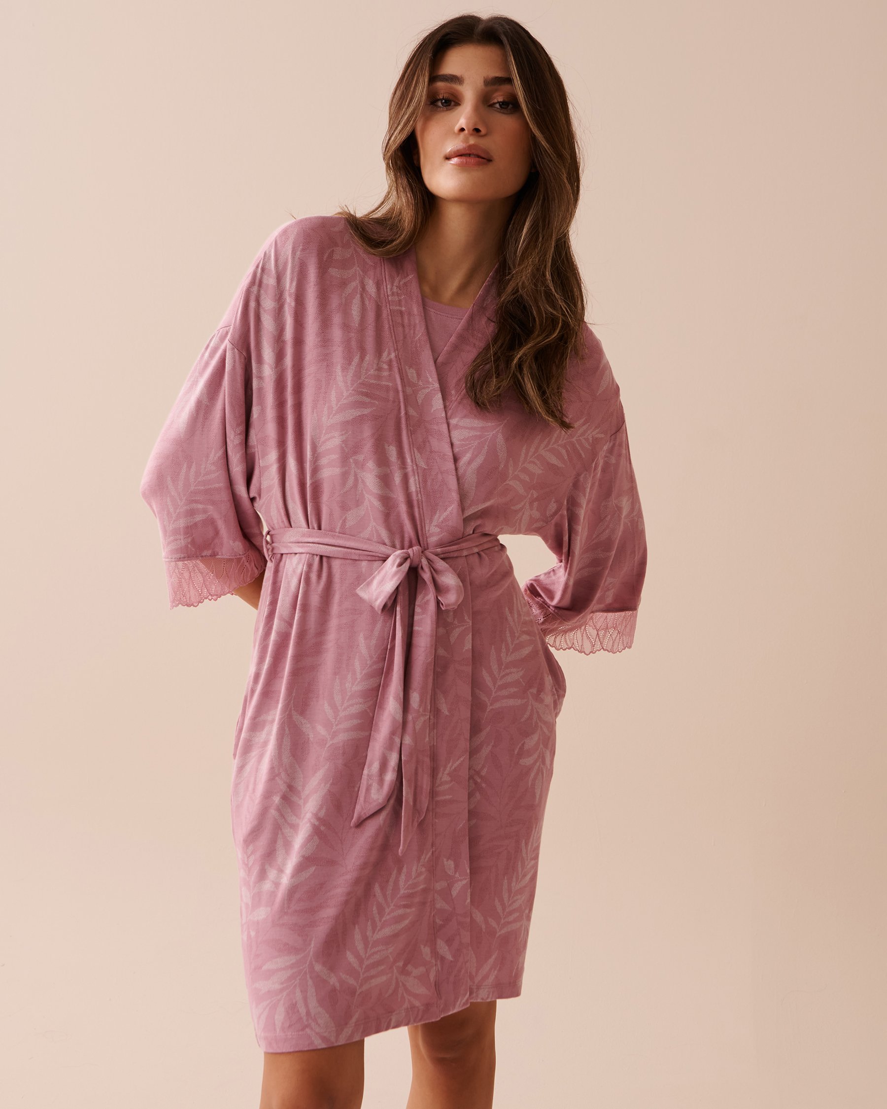 LA VIE EN ROSE Soft Jersey Lace Trim Kimono Pink Leaves 40600169 - View3