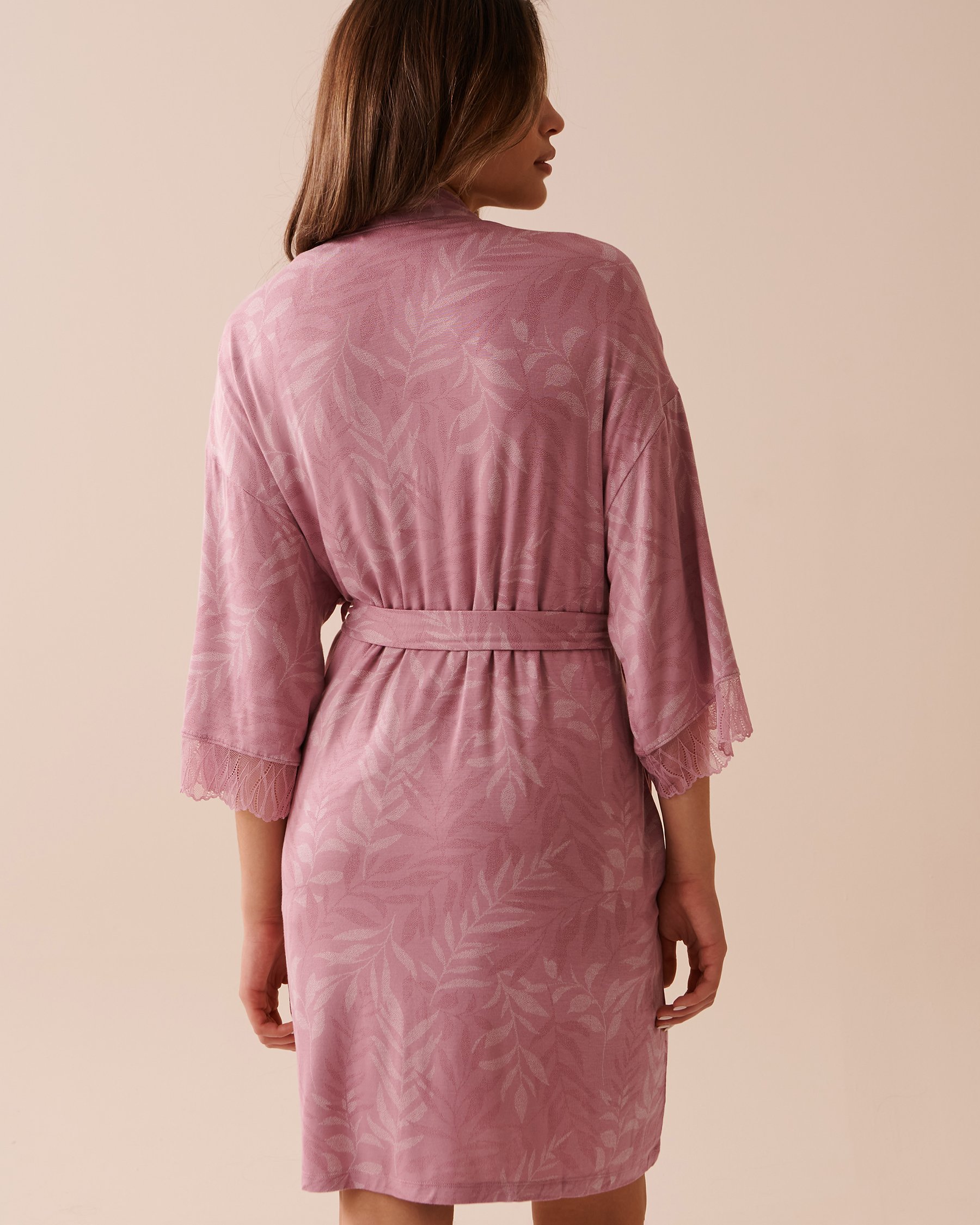 LA VIE EN ROSE Soft Jersey Lace Trim Kimono Pink Leaves 40600169 - View2