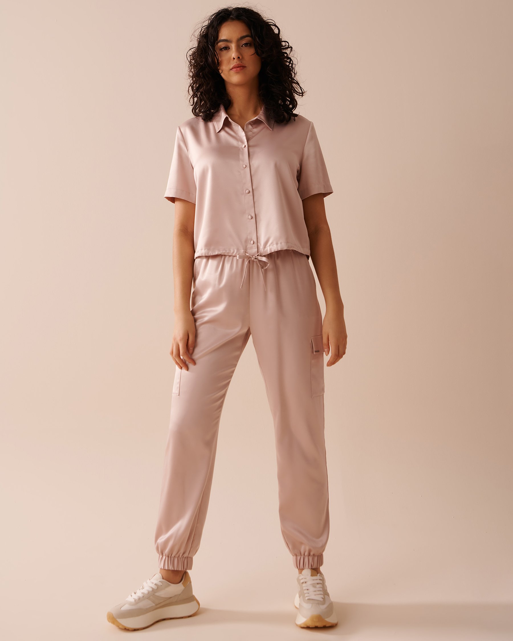 LA VIE EN ROSE Satin Button-down Short Sleeve Shirt Beige 50100084 - View3
